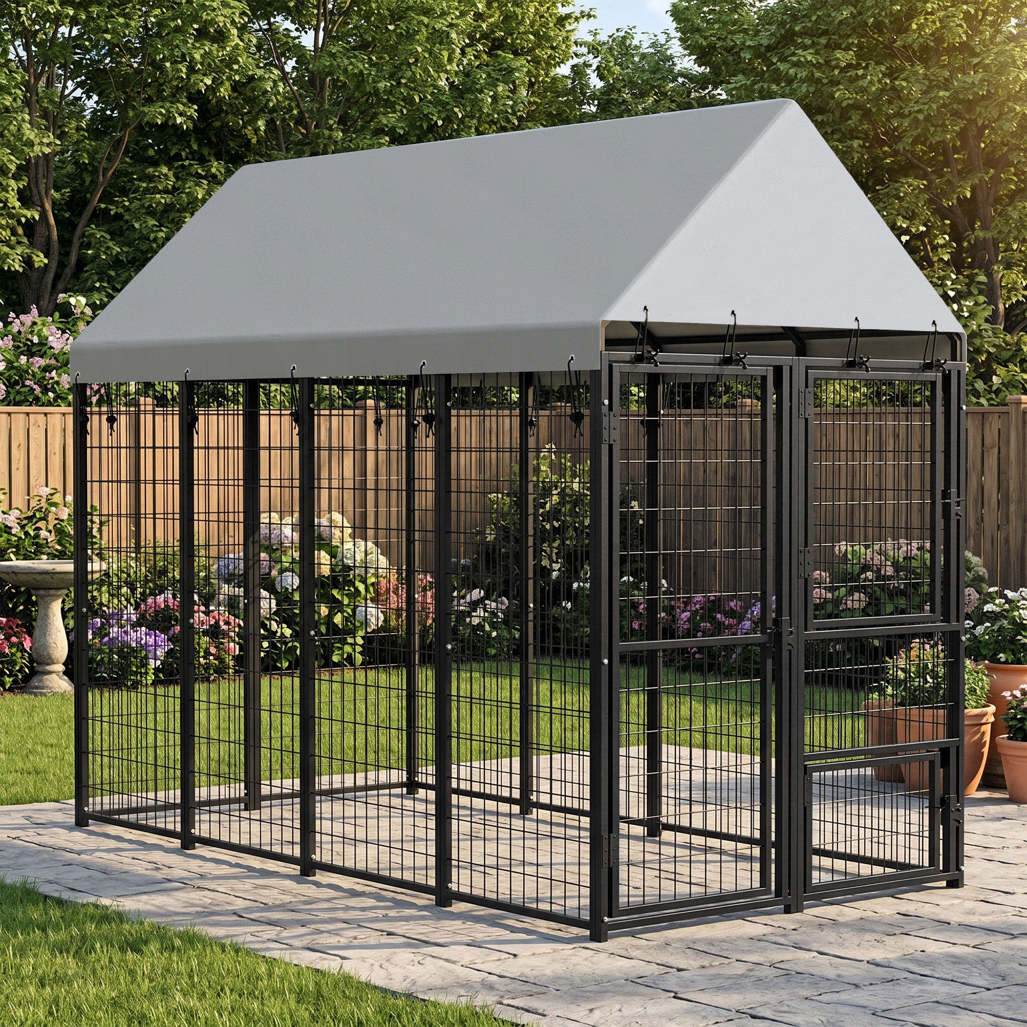 Large Dog Kennel Outdoor with Roof, 3 Doors, Expandable Heavy Duty Dog Kennel Outside Run Enclosure with Secure Lock, Removable Door, for Small Medium Large Pets, Chickens, Ducks, 8' x 4' x 6'