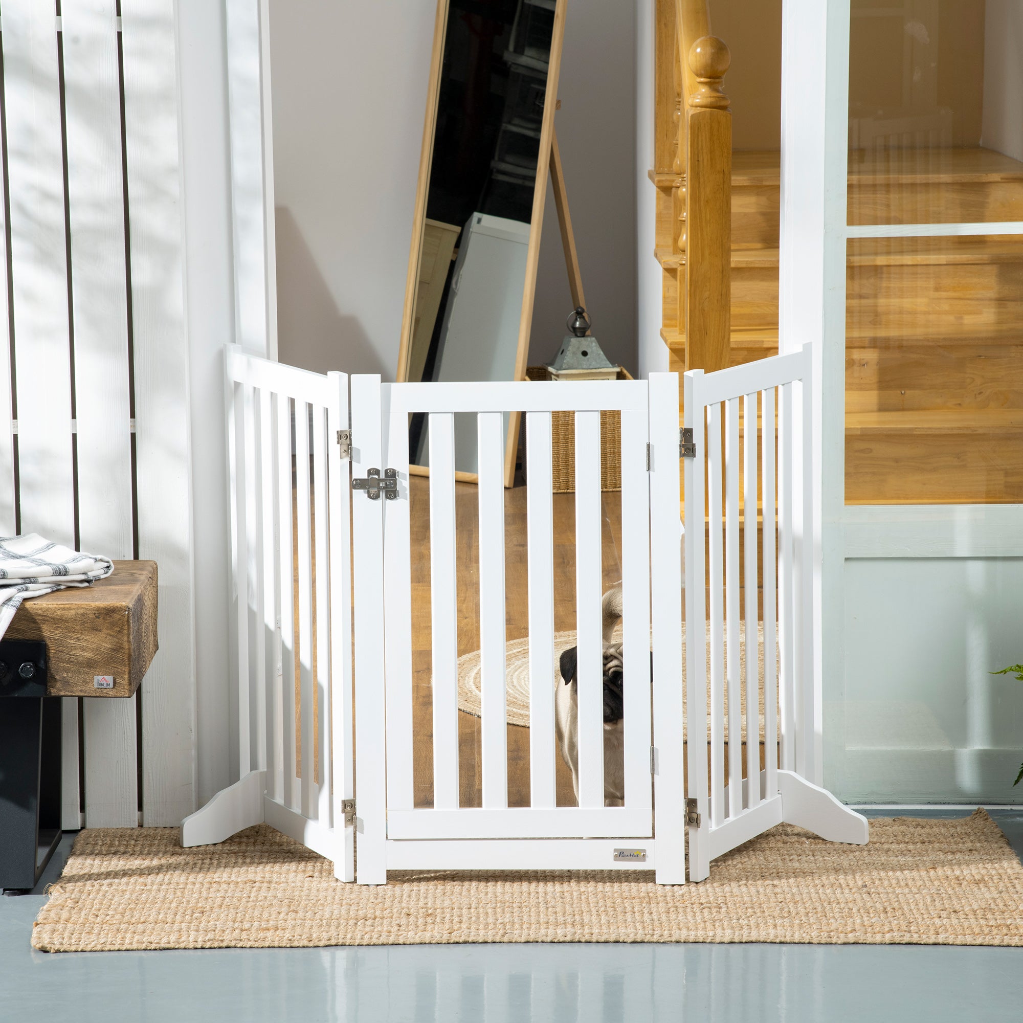 31.5"H Foldable Dog Gate with Door, 3 Panels Freestanding Pet Gate Barriers Indoor with Support Feet, Puppy Fence for Small Medium Dogs, White