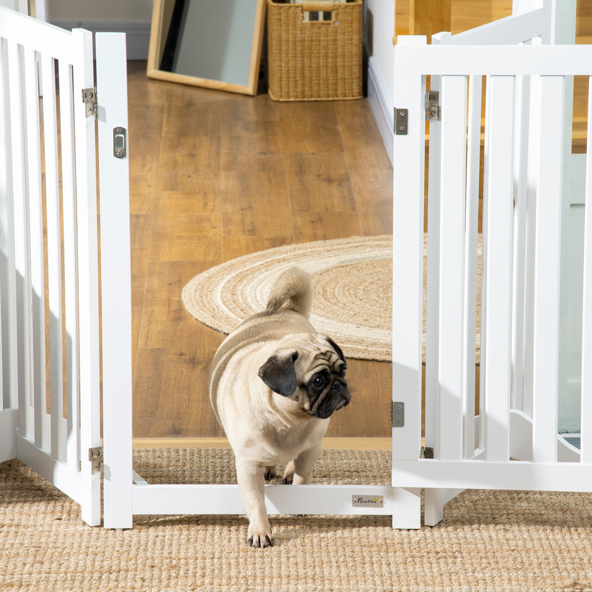 31.5"H Foldable Dog Gate with Door, 3 Panels Freestanding Pet Gate Barriers Indoor with Support Feet, Puppy Fence for Small Medium Dogs, White