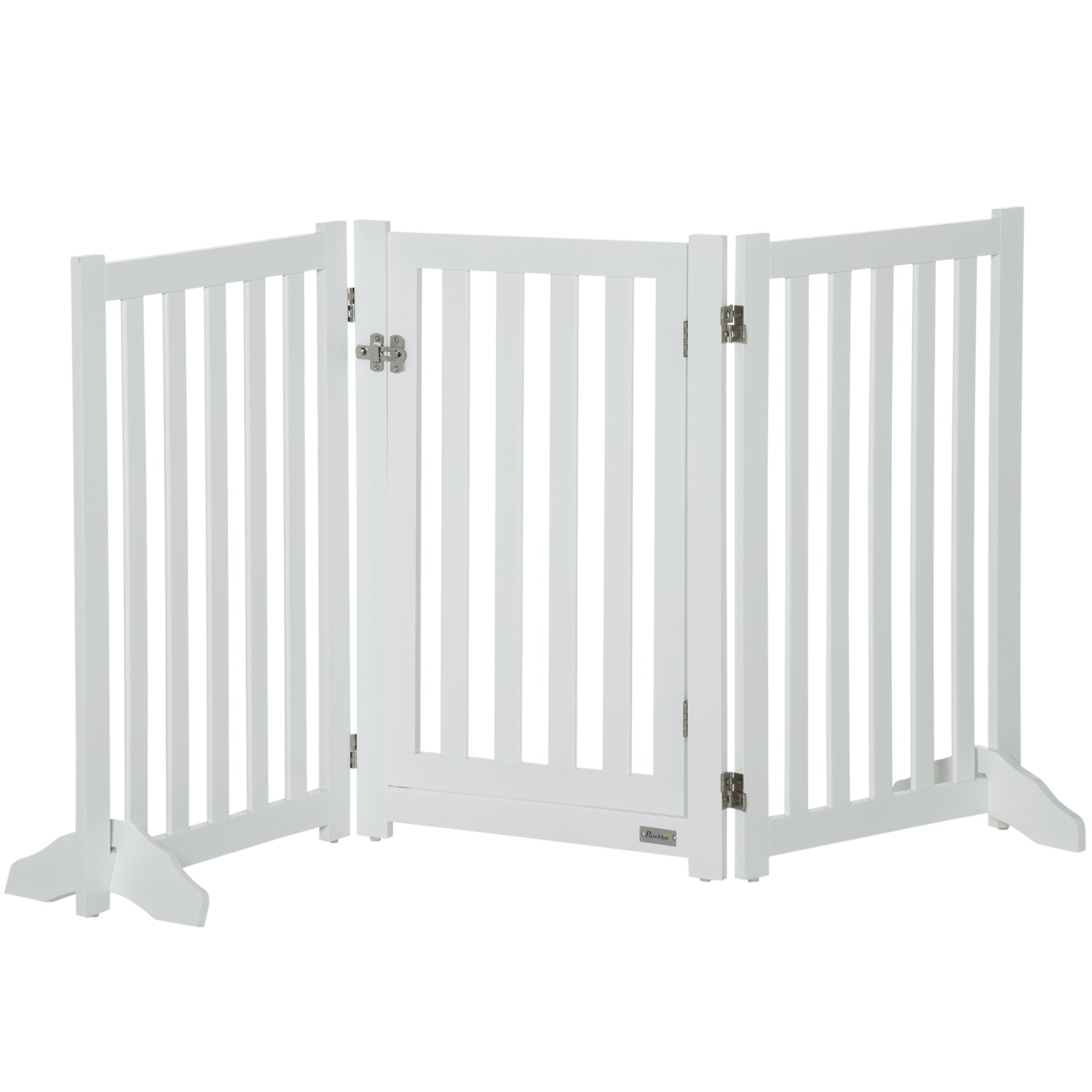 31.5"H Foldable Dog Gate with Door, 3 Panels Freestanding Pet Gate Barriers Indoor with Support Feet, Puppy Fence for Small Medium Dogs, White