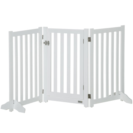 31.5"H Foldable Dog Gate with Door, 3 Panels Freestanding Pet Gate Barriers Indoor with Support Feet, Puppy Fence for Small Medium Dogs, White