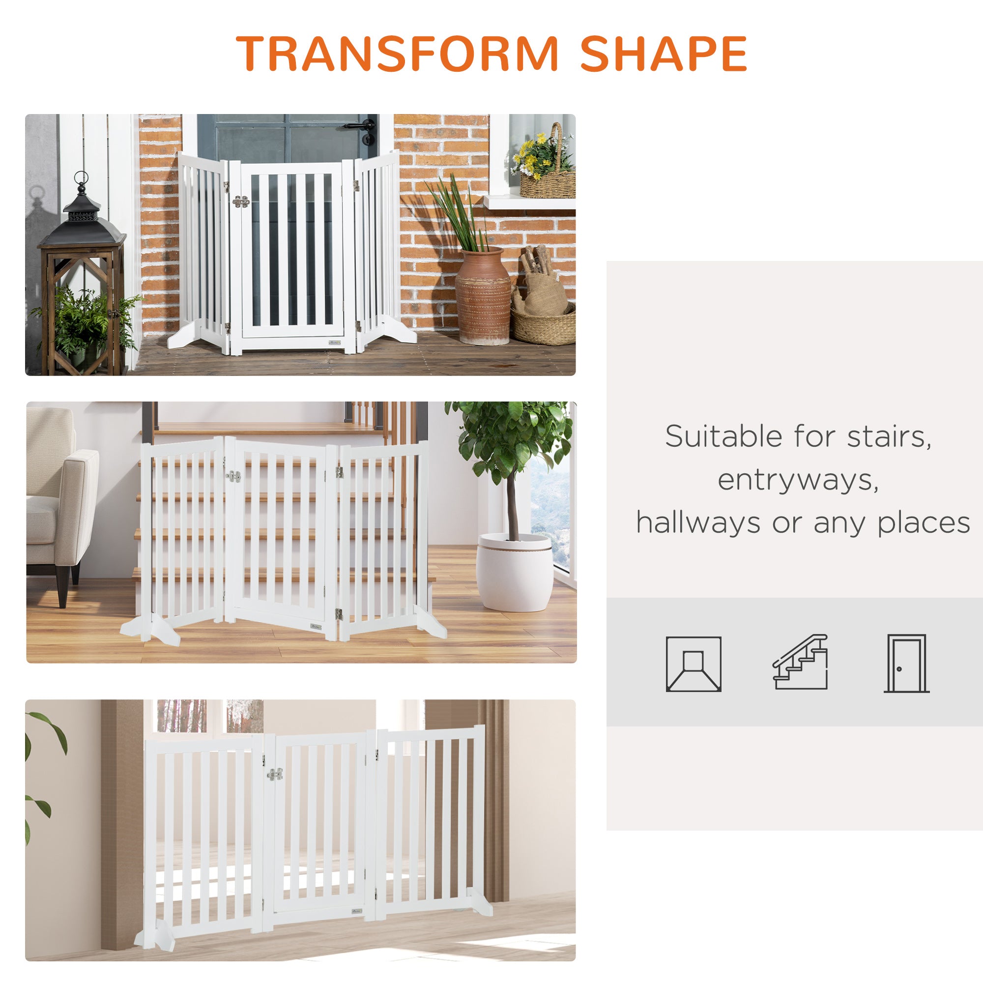 31.5"H Foldable Dog Gate with Door, 3 Panels Freestanding Pet Gate Barriers Indoor with Support Feet, Puppy Fence for Small Medium Dogs, White