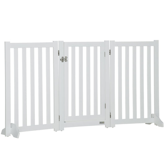 31.5"H Foldable Dog Gate with Door, 3 Panels Freestanding Pet Gate Barriers Indoor with Support Feet, Puppy Fence for Small Medium Dogs, White