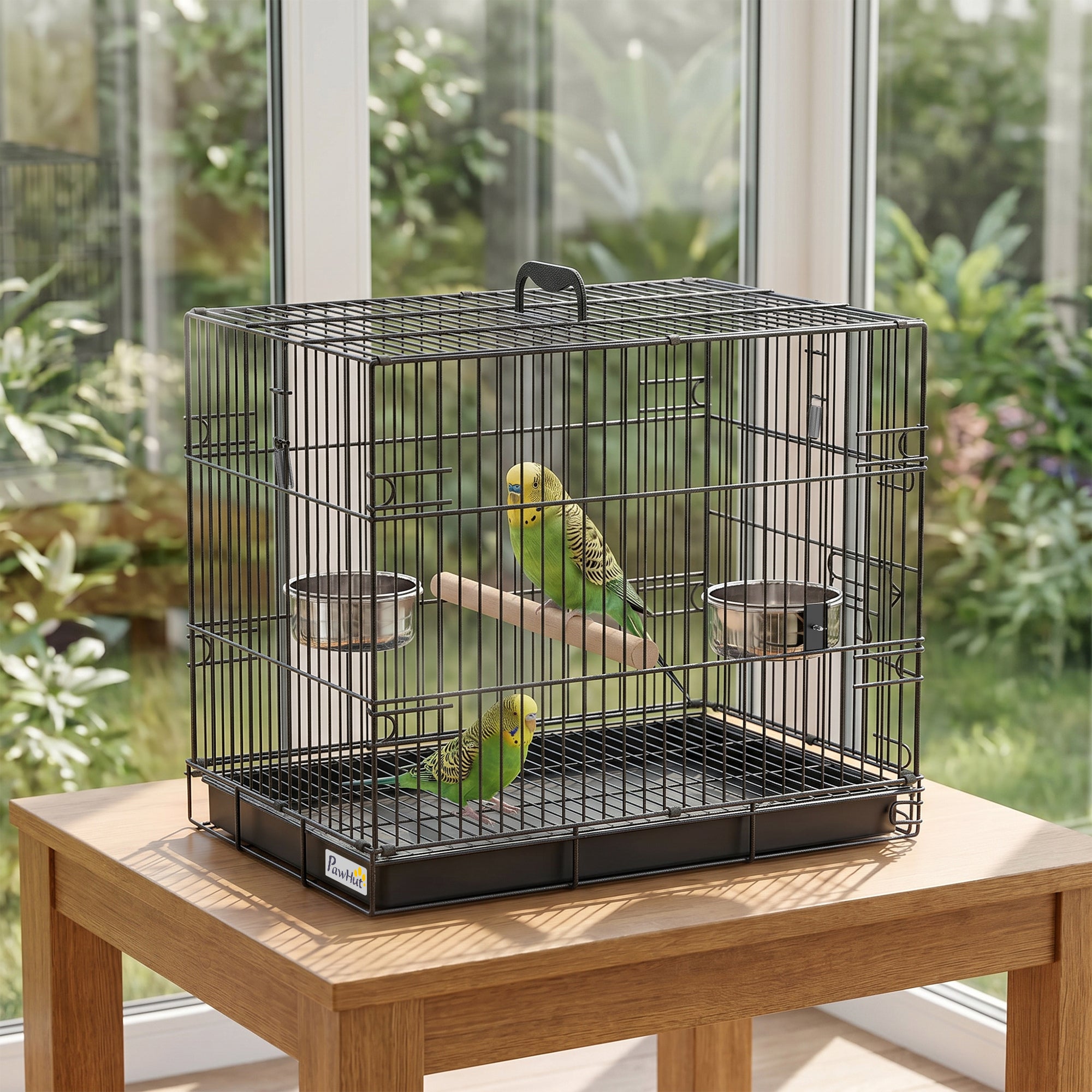 Foldable Bird Cage, Metal Bird Travel Carrier Cage with Wood Perch, Food Bowls, Slide-Out Tray and Handle for Canaries, Finches, Lovebirds, Parakeets, Black