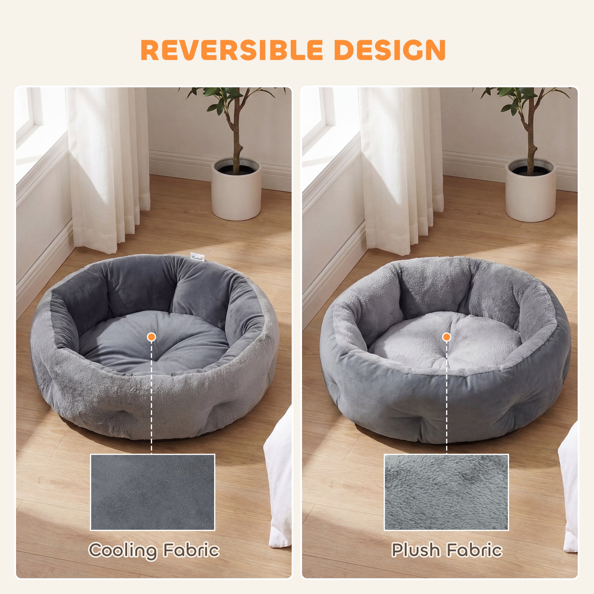 Cat Bed, Reversible Dog Pet Bed for Indoor Cats and Small Dogs, Round Bed with Supportive Bolster, Dark Grey