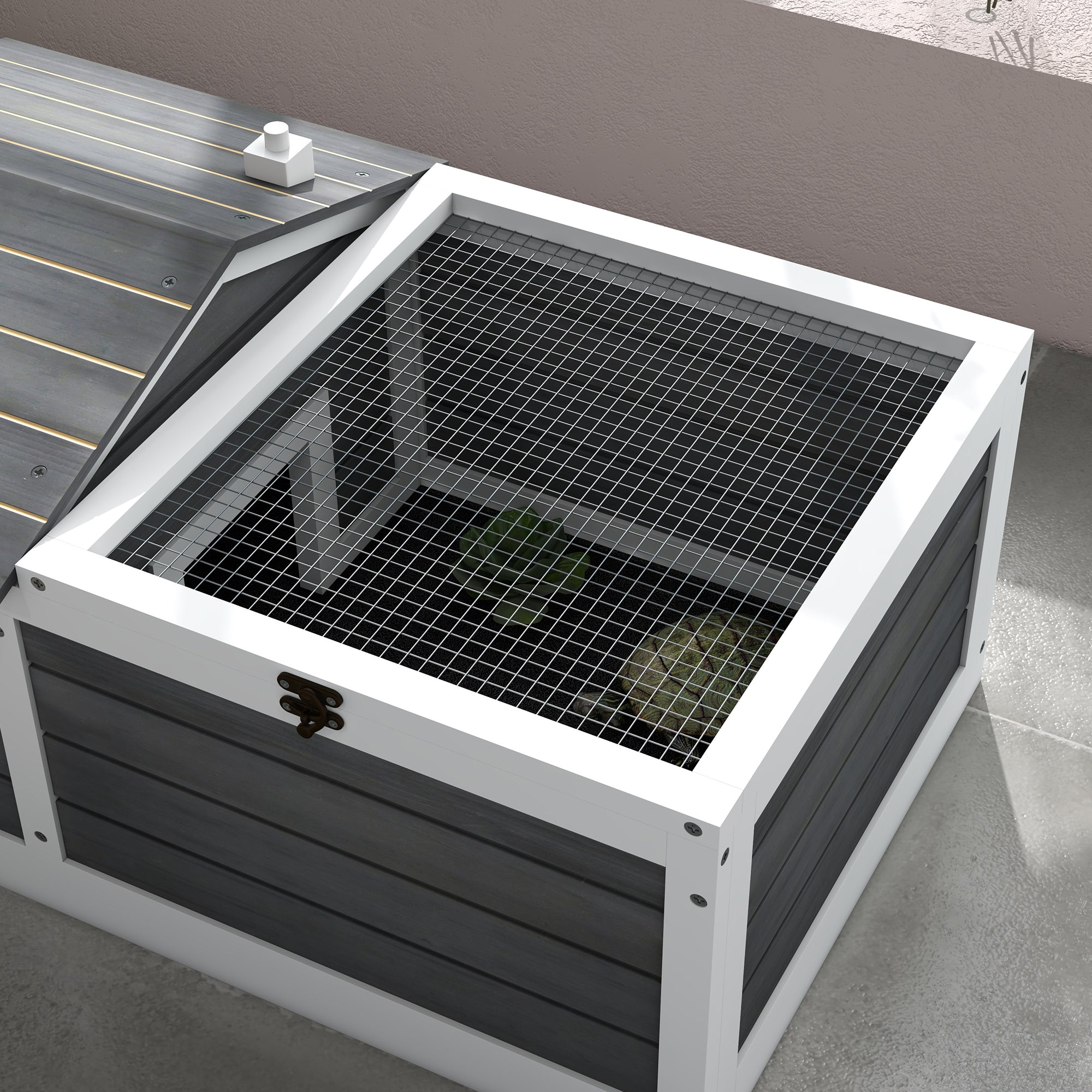 Wooden Tortoise House, Tortoise Table with Hide Shelter Run, Openable Top, Tray, Dark Grey