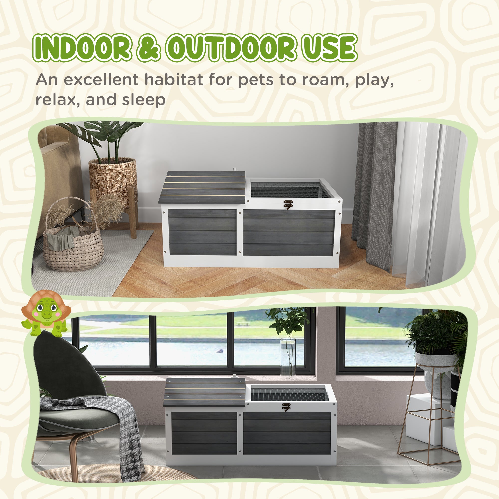 Wooden Tortoise House, Tortoise Table with Hide Shelter Run, Openable Top, Tray, Dark Grey
