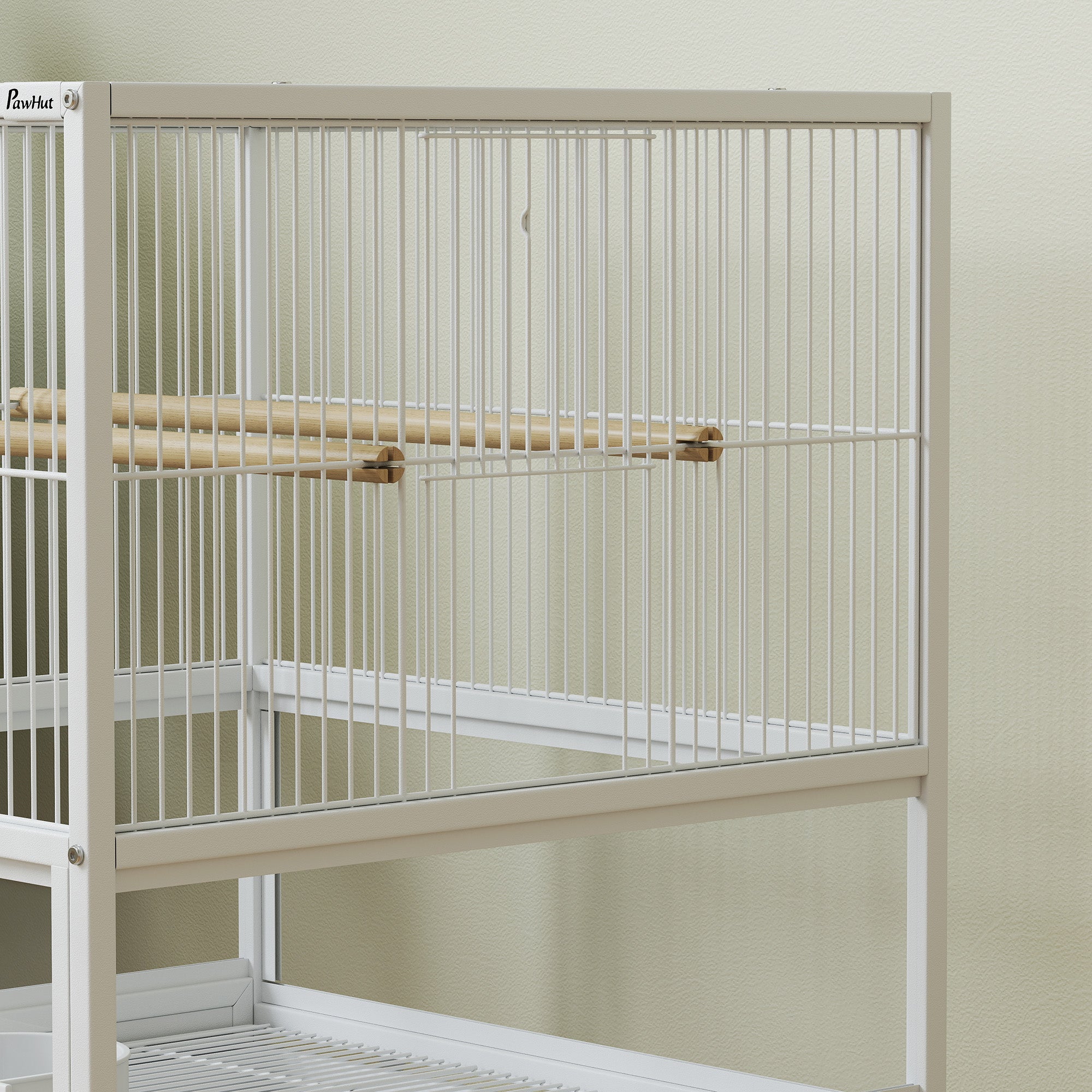 Bird Cage, Metal Parrot Cage with Rolling Stand Wheels, Acrylic Viewing Panels, Storage Shelf, Slide-out Tray, Perches, Feeders, for Budgie, Parakeet, Canary, Finch, White, 48 x 46 x 83 cm