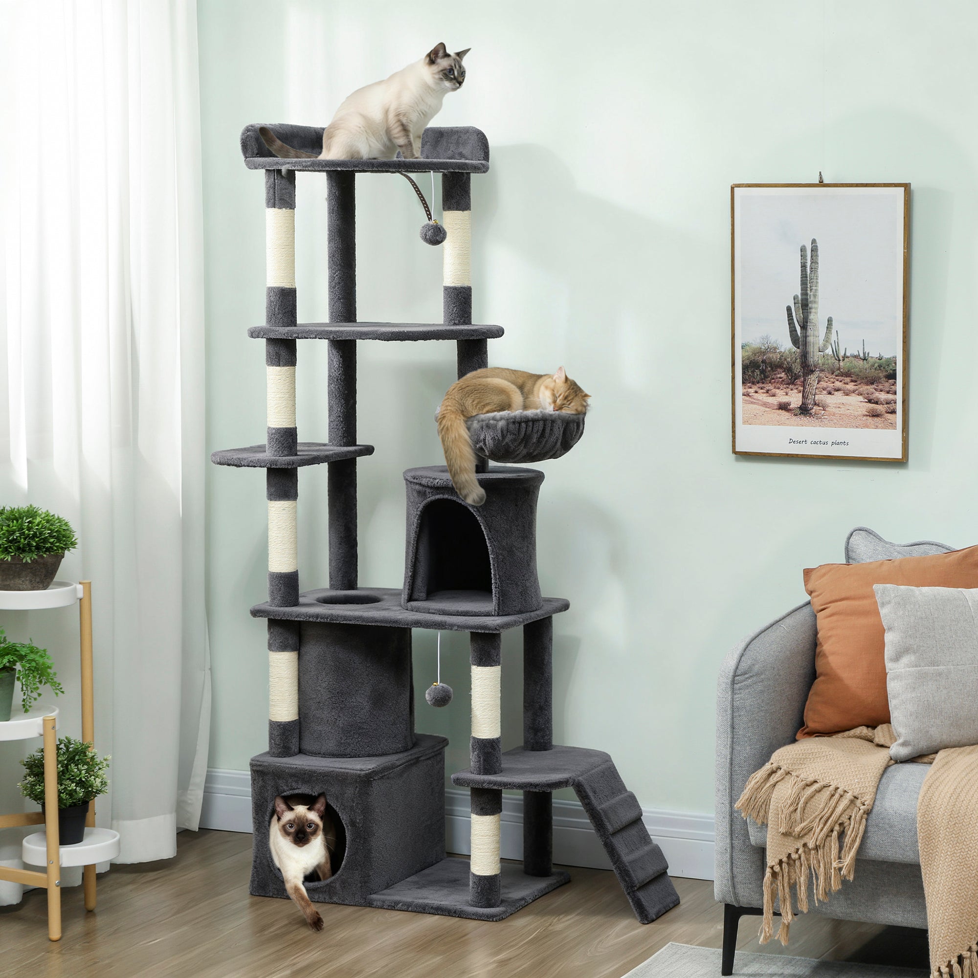 Cat Tree, 67" Large Cat Tower for Indoor Kittens Multi-Level with 7 Scratching Posts, Tunnel, 2 Plush Condos, Hammock, Perch, Ramp, Pompoms, Dark Grey