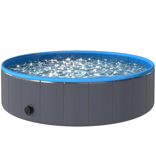 Foldable Dog Pool for Puppies and Ducks, Thickened PVC Dog Paddling Pool Bath Tub Hard Board, Anti-Slip Bottom and Hose Adapter for Easy Drainage, 120 x 30cm, Dark Grey and Blue