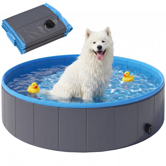 Foldable Dog Pool for Puppies and Ducks, Thickened PVC Dog Paddling Pool Bath Tub Hard Board, Anti-Slip Bottom and Hose Adapter for Easy Drainage, 120 x 30cm, Dark Grey and Blue