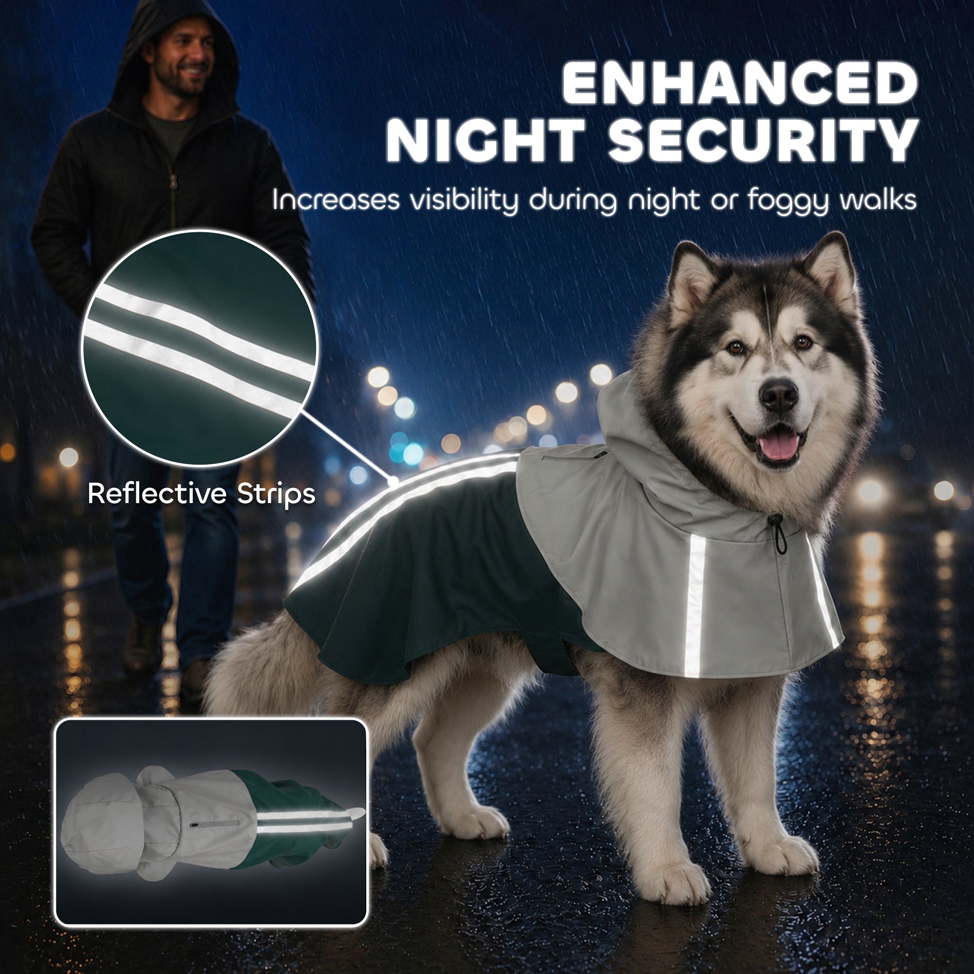 Dog Raincoat with Hood, Waterproof & Breathable Rain Jacket with Reflective Strips and Leash Hole, Adjustable Poncho for Extra Large Dogs, 30-40 KG Available, Green, XL