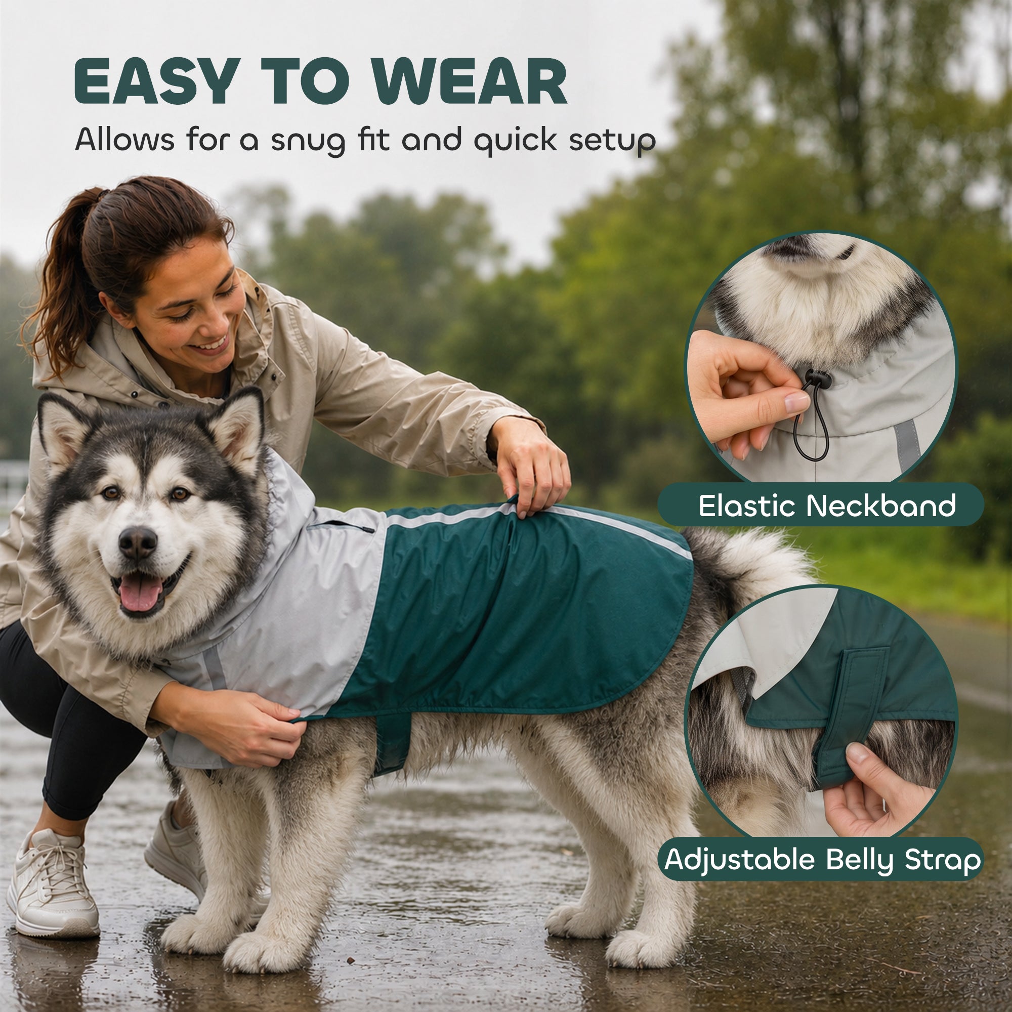 Dog Raincoat with Hood, Waterproof & Breathable Rain Jacket with Reflective Strips and Leash Hole, Adjustable Poncho for Extra Large Dogs, 30-40 KG Available, Green, XL