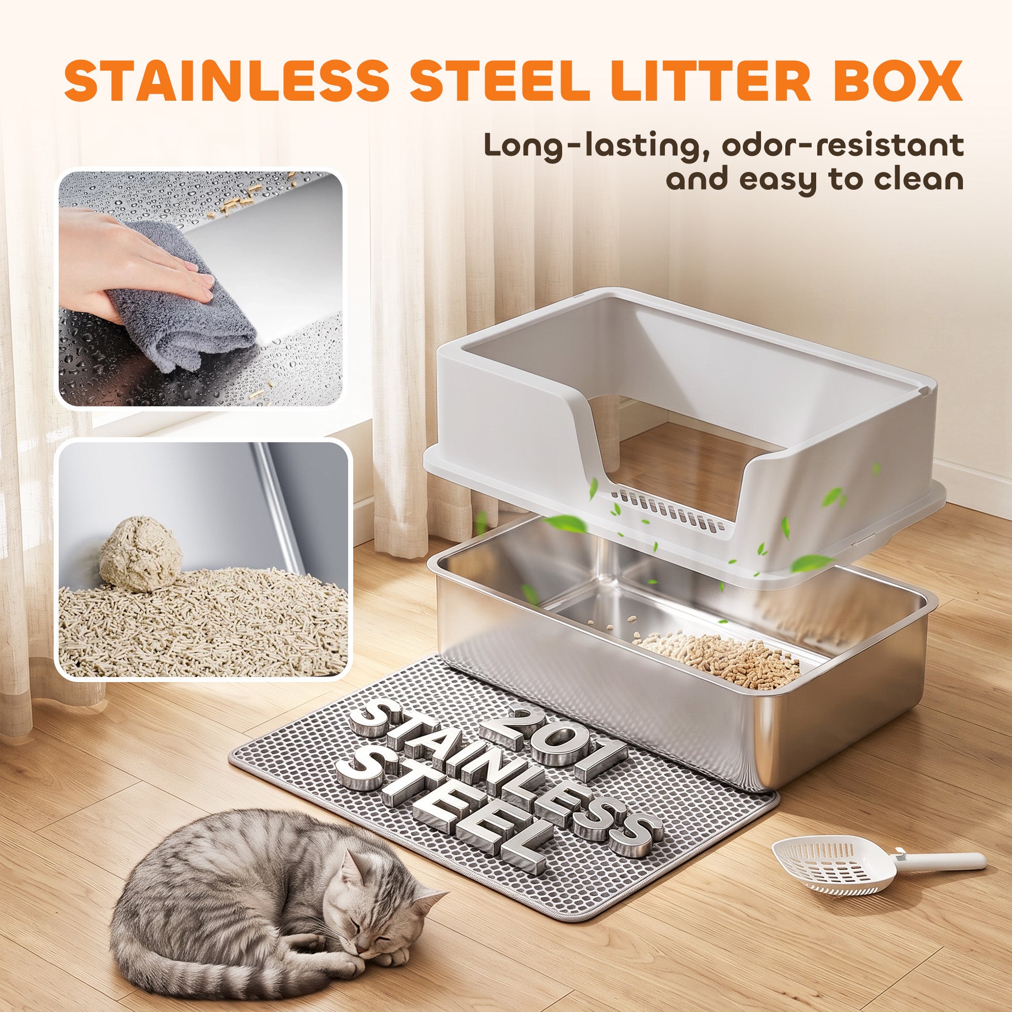 XL Stainless Steel Cat Litter Tray with Lid, High Sided Cat Litter Box with Scoop and Mat for Kittens up to 8 kg, Anti-Spillage, Odor Resistant and Easy to Clean, Light Grey
