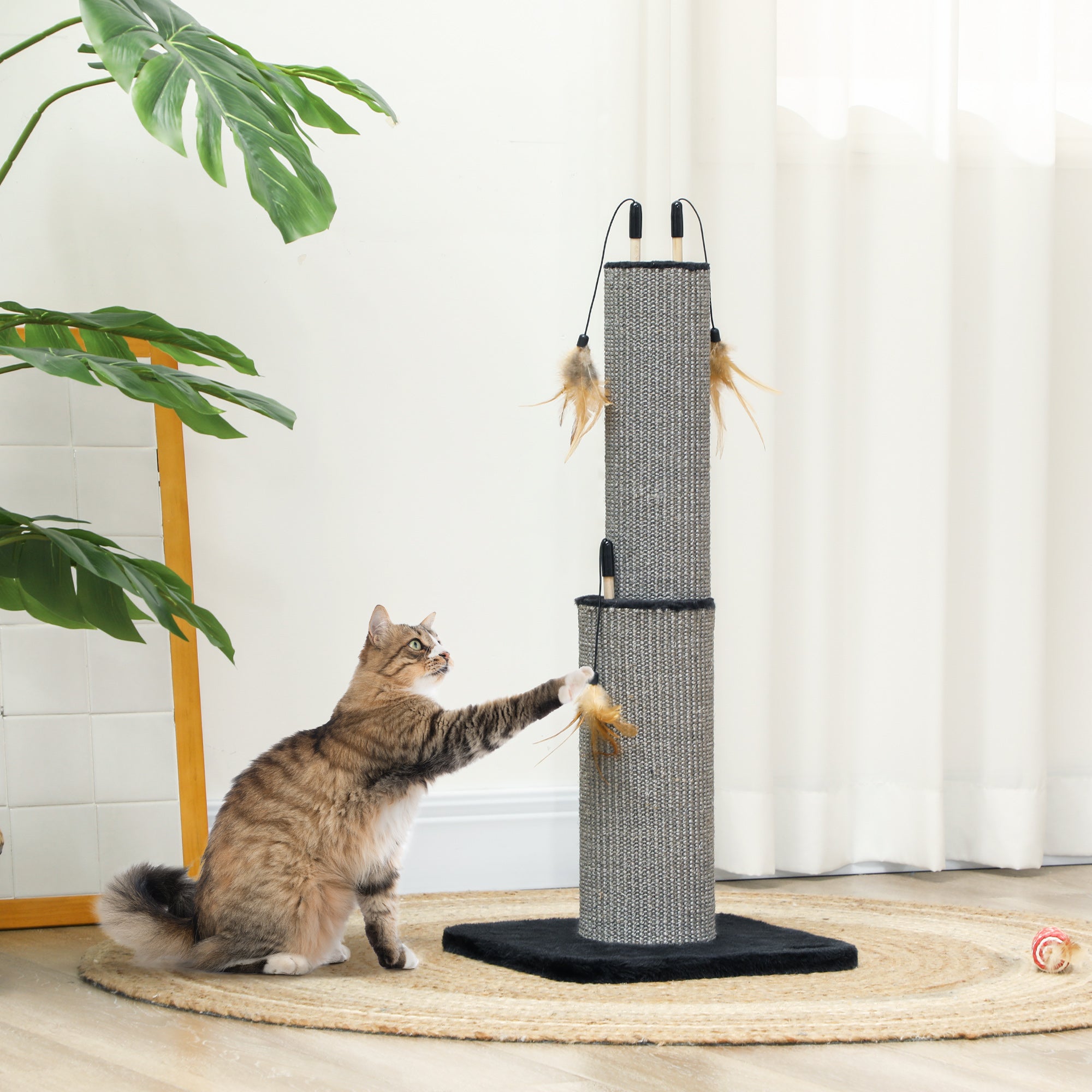 2 in 1 Cat Scratching Post, 78cm Tall Cat Scratch Post with 3 Toy Feathers, Cat Scratcher Post for Indoor Cats and Kittens, Black