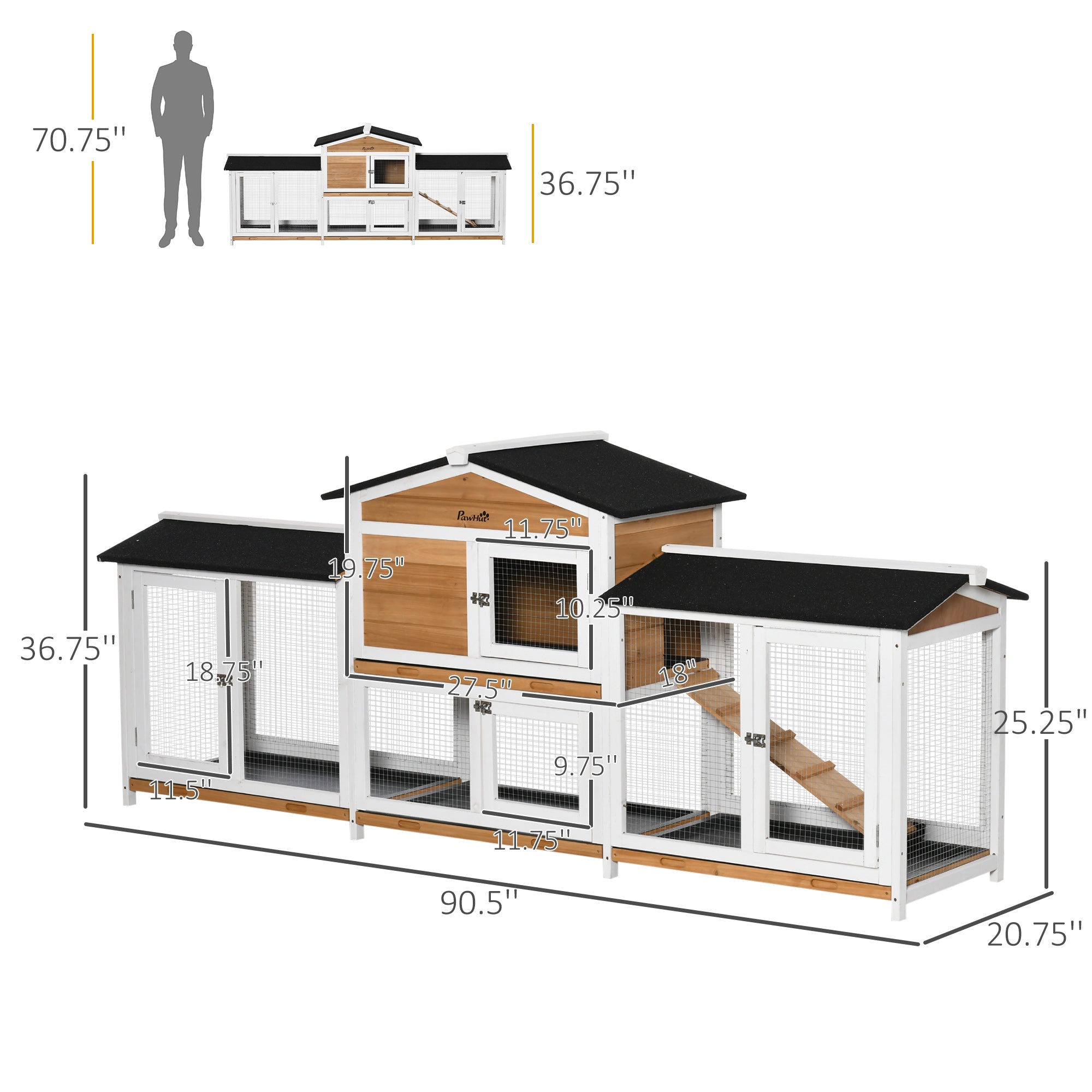 PawHut 90.5" Wooden Rabbit Hutch Bunny Cage Pet Playpen House Enclosure with Double Side Run Boxes, No Leak Tray, Ramp, for Guinea Pig and Small Animals, White