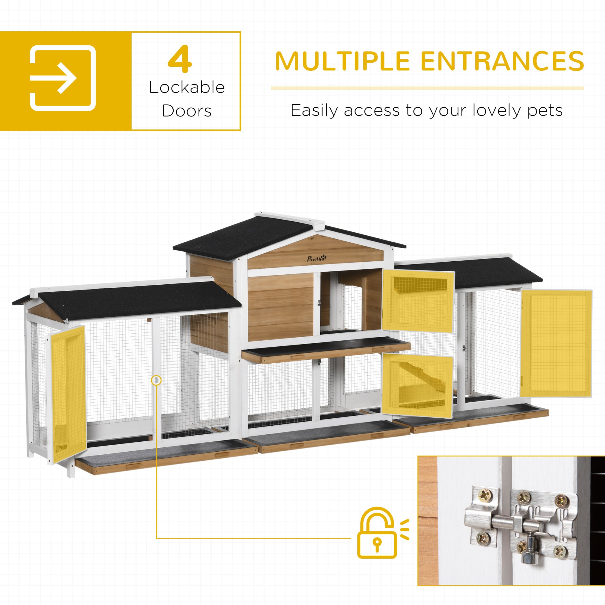 PawHut 90.5" Wooden Rabbit Hutch Bunny Cage Pet Playpen House Enclosure with Double Side Run Boxes, No Leak Tray, Ramp, for Guinea Pig and Small Animals, White