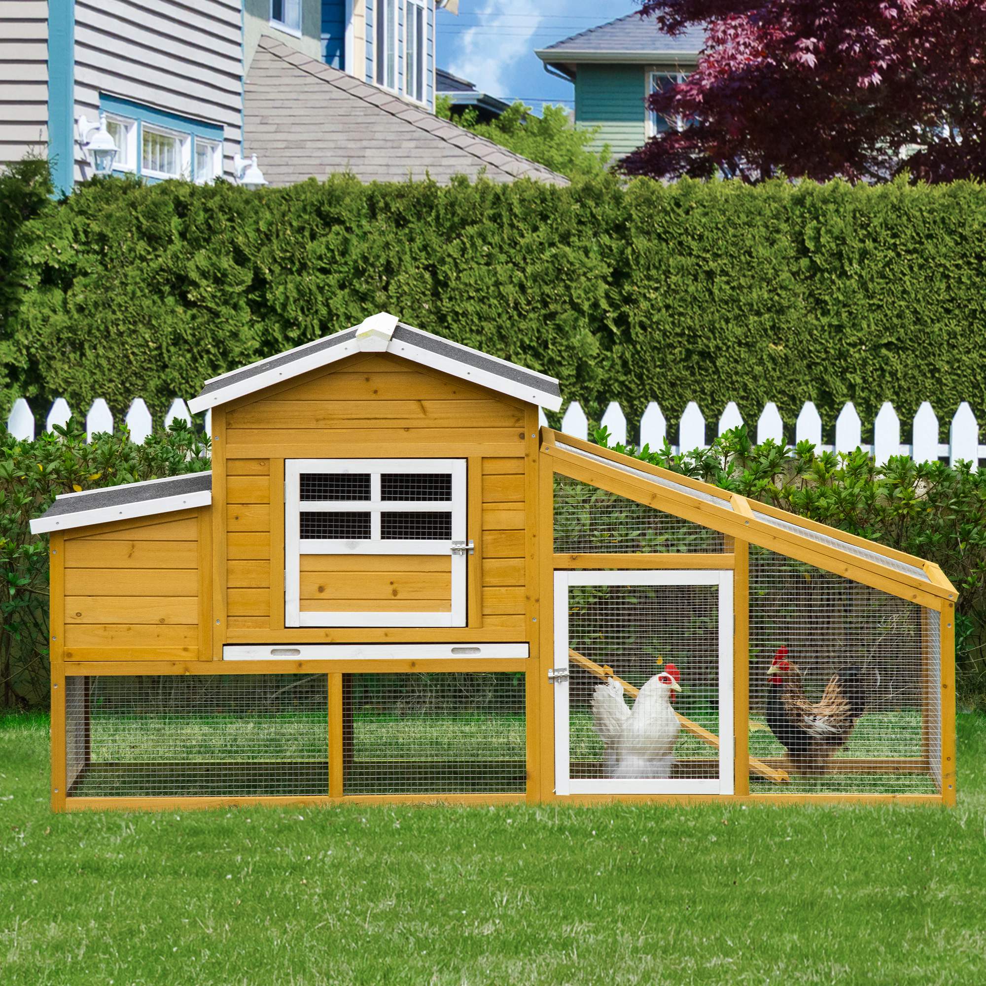 79" Wooden Chicken Coop, Outdoor Hen House, Poultry Habitat with Removable Tray, Nesting Box, Run, Ramp