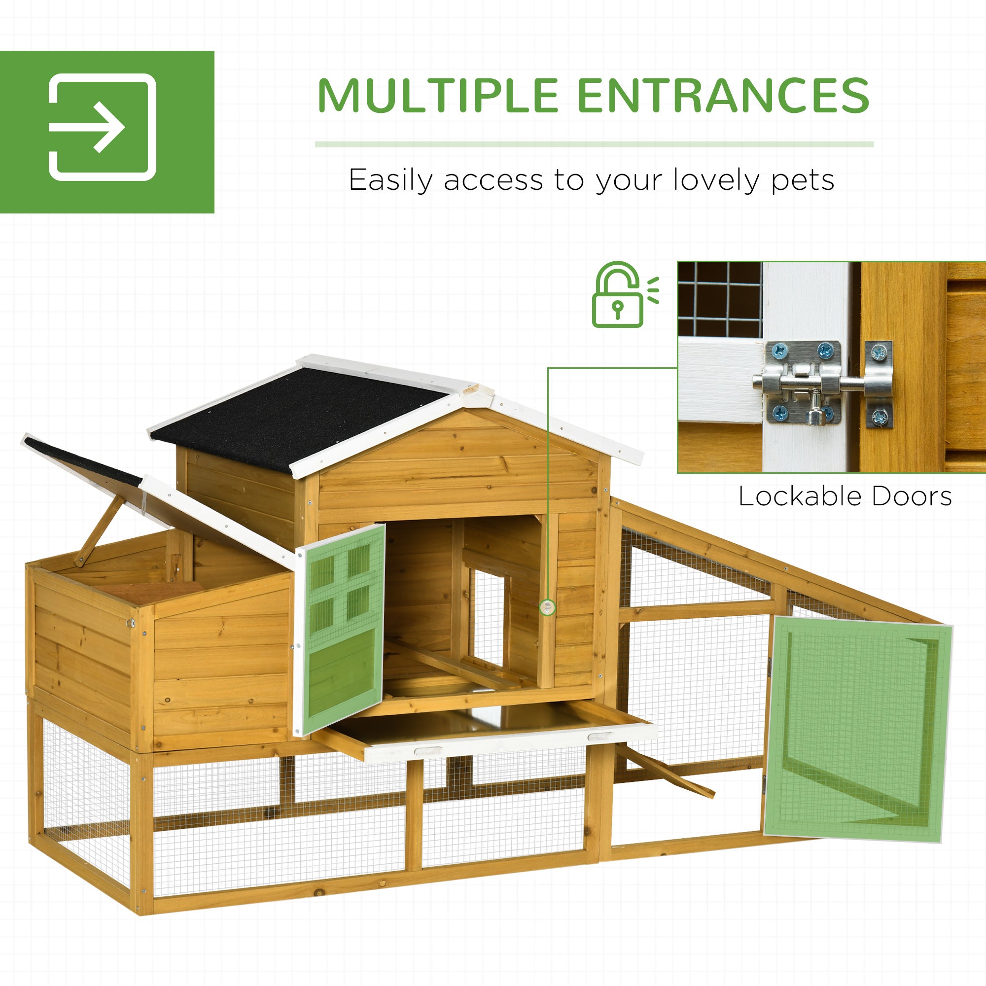 79" Wooden Chicken Coop, Outdoor Hen House, Poultry Habitat with Removable Tray, Nesting Box, Run, Ramp