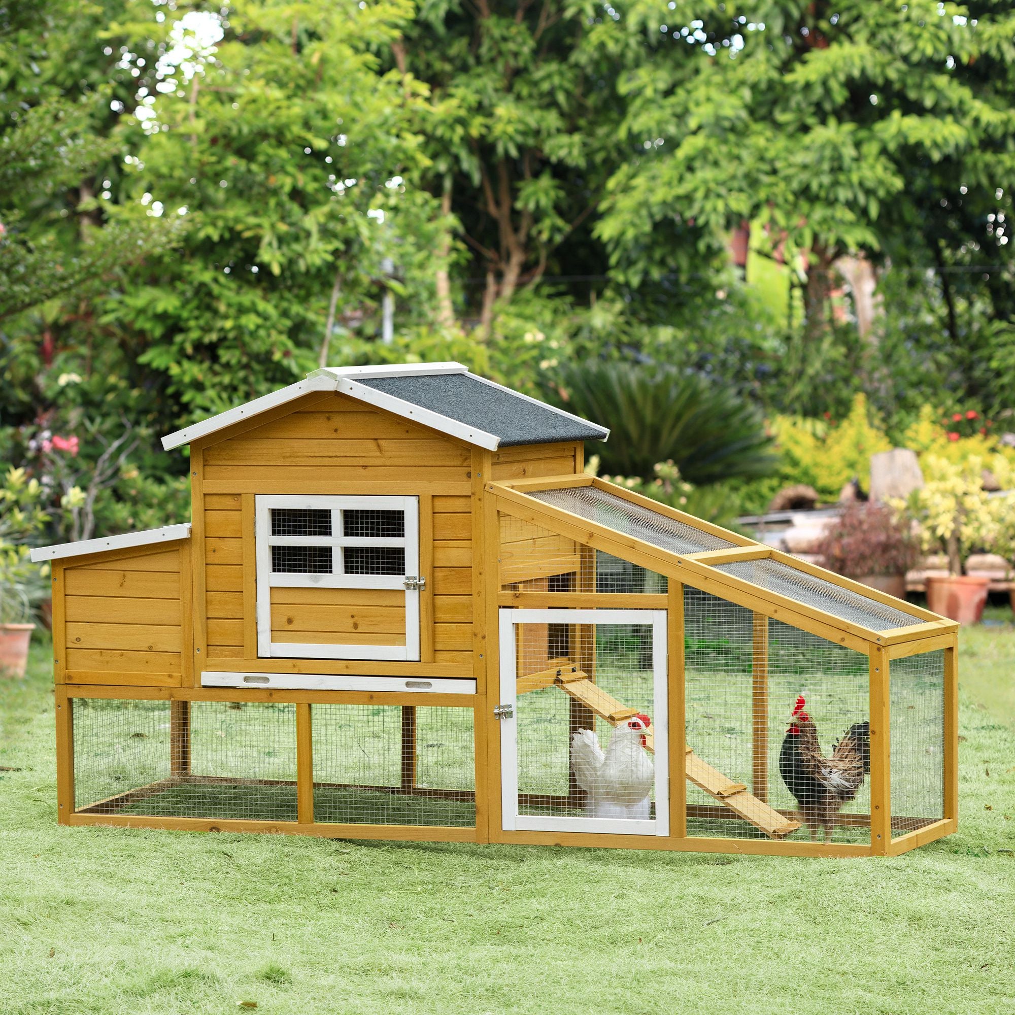 79" Wooden Chicken Coop, Outdoor Hen House, Poultry Habitat with Removable Tray, Nesting Box, Run, Ramp