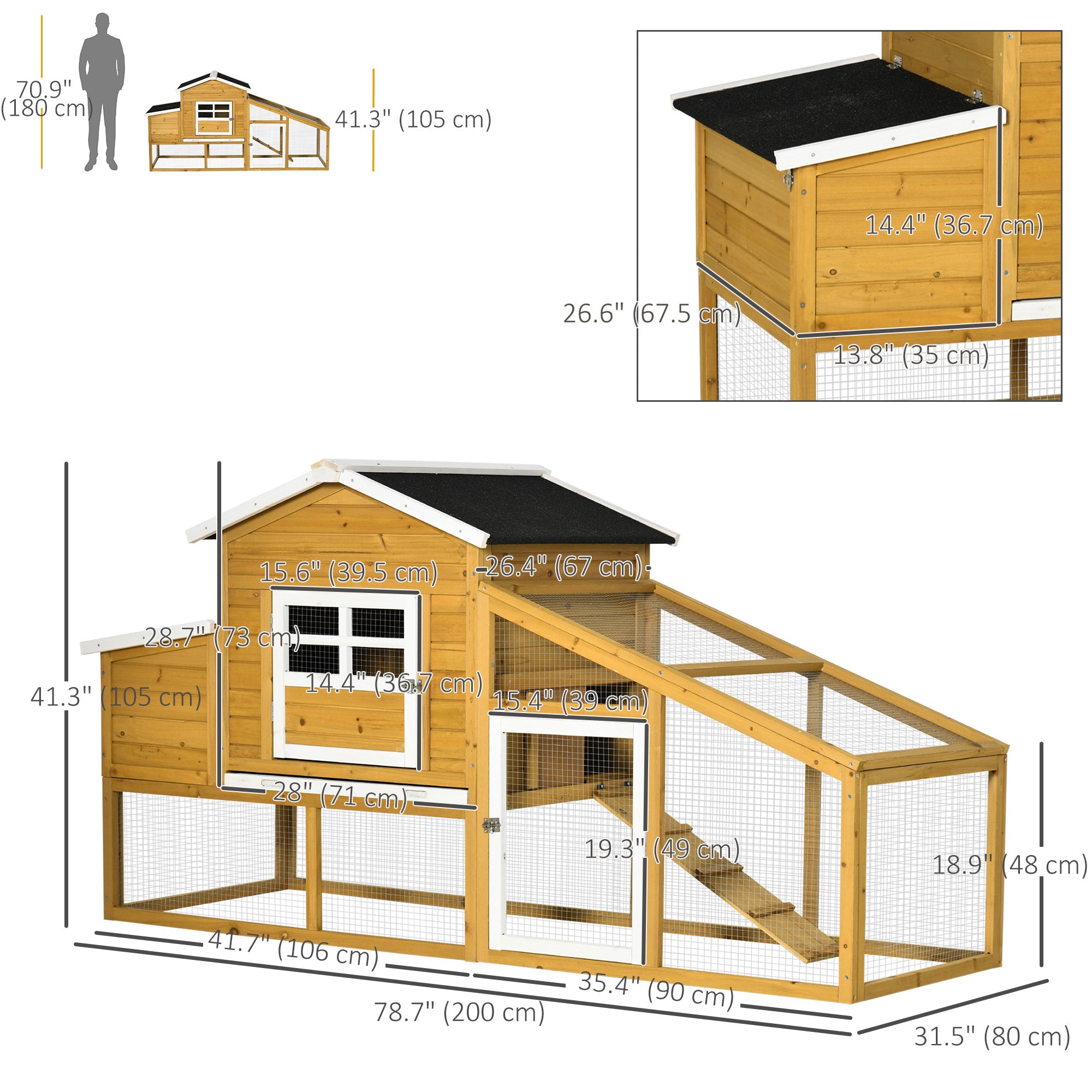 79" Wooden Chicken Coop, Outdoor Hen House, Poultry Habitat with Removable Tray, Nesting Box, Run, Ramp