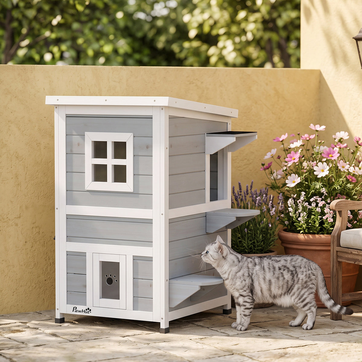 Wooden Cat House 2-Floor Outdoor Kitten Shelter with 3 Doors and Window Grey