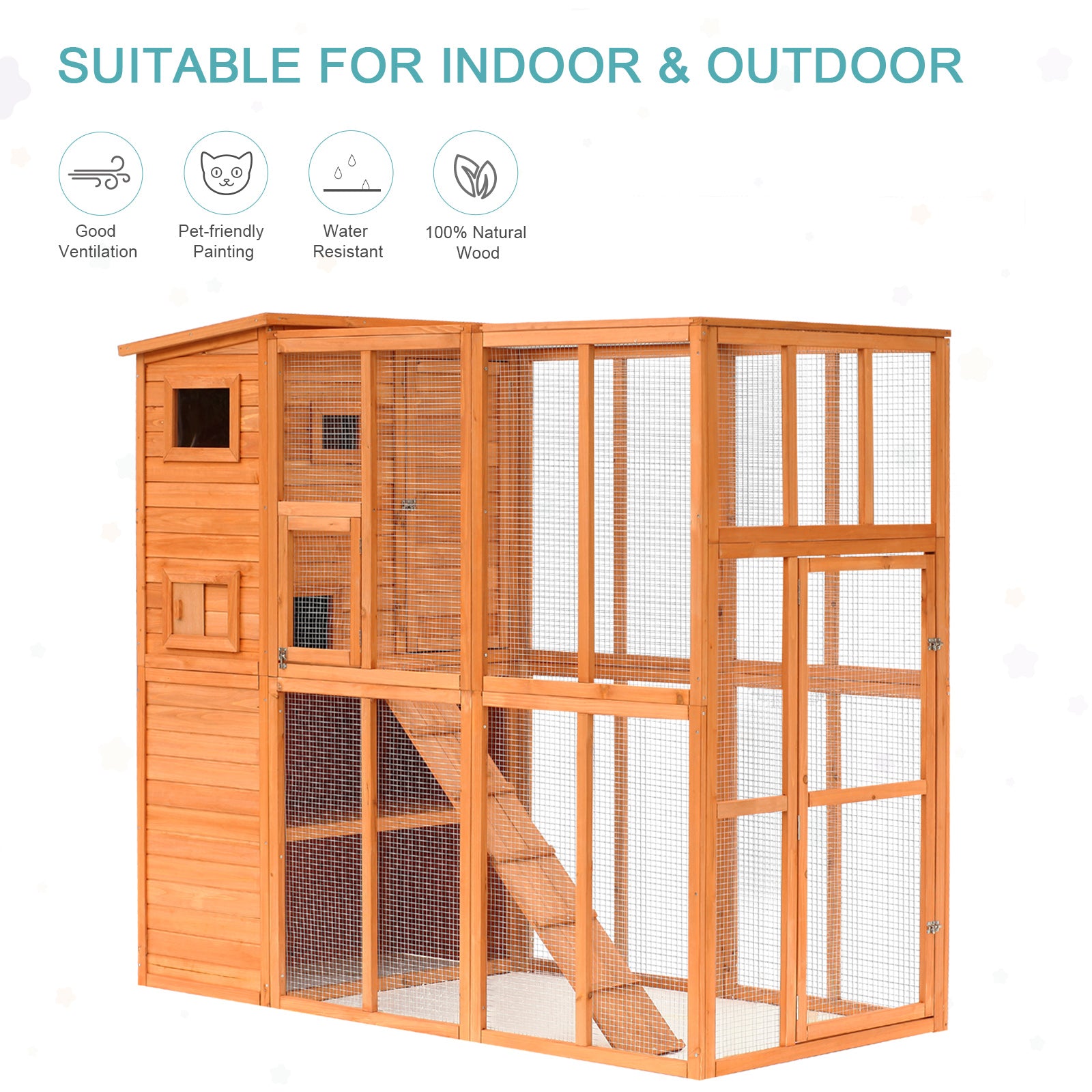 Large Catio Outdoor Cat Enclosure Weatherproof Cat House with Cat Condo, Indoor Wooden Cat Cage Pet Kennel, 77"L x 38"W x 69"H