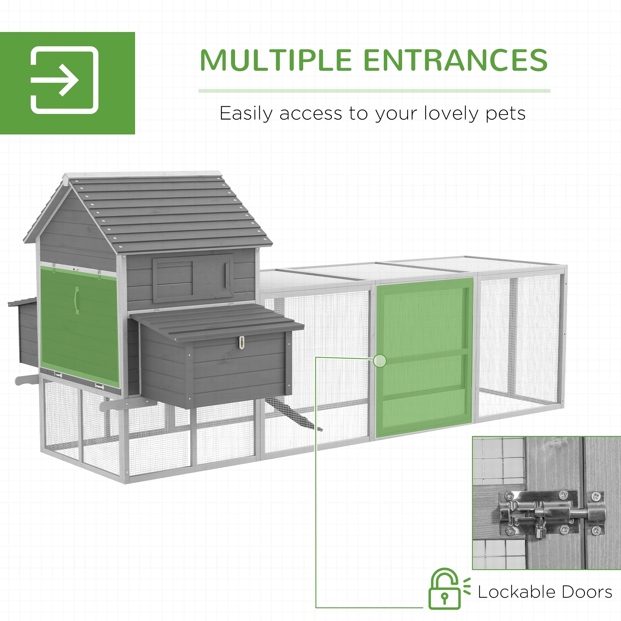 123" Extra Large Chicken Coop, Wooden Chicken Run with Nesting Boxes, Run, Doors, Tray, Ramp for 4-6 Chickens, Rabbits, Ducks Outdoor Use, Grey