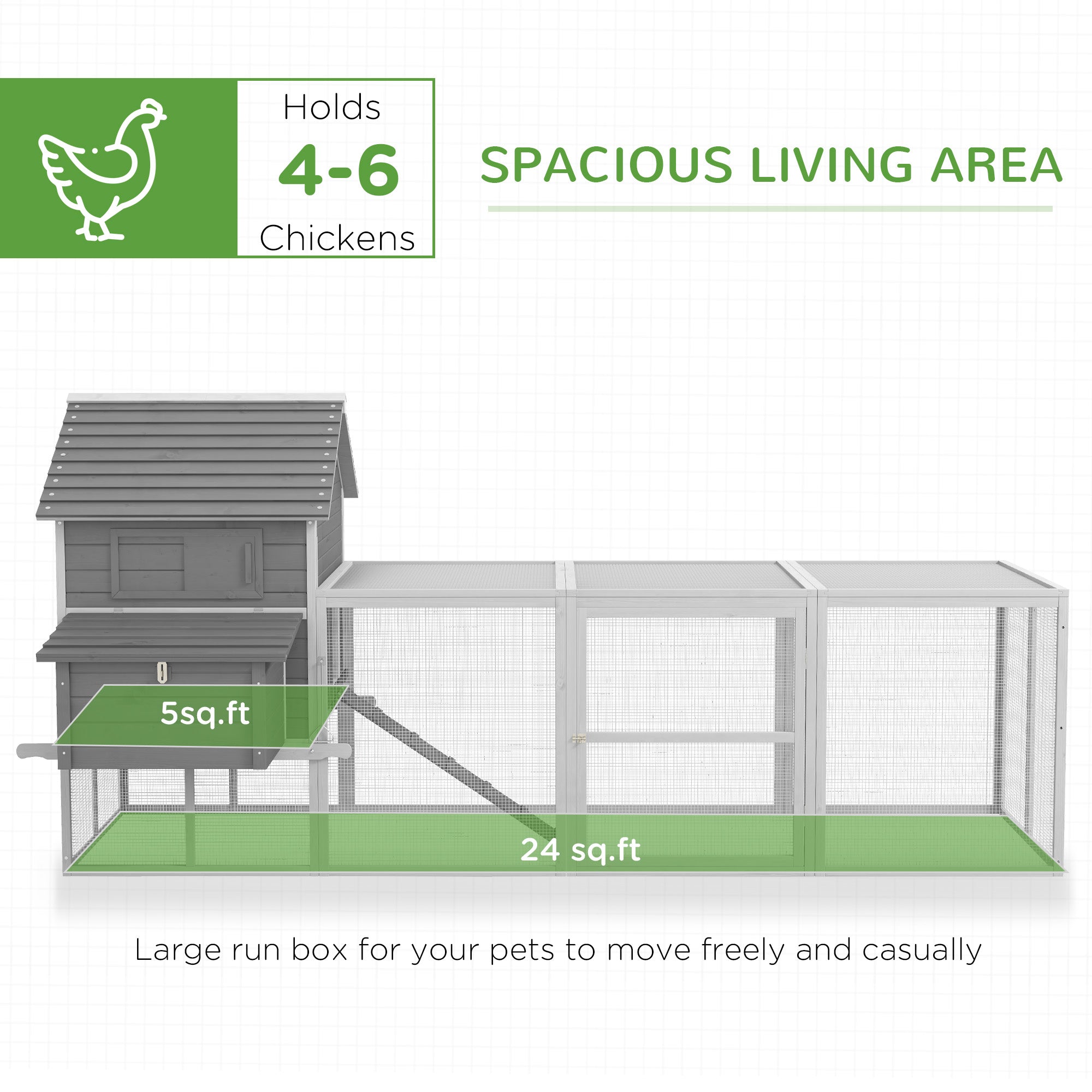 123" Extra Large Chicken Coop, Wooden Chicken Run with Nesting Boxes, Run, Doors, Tray, Ramp for 4-6 Chickens, Rabbits, Ducks Outdoor Use, Grey