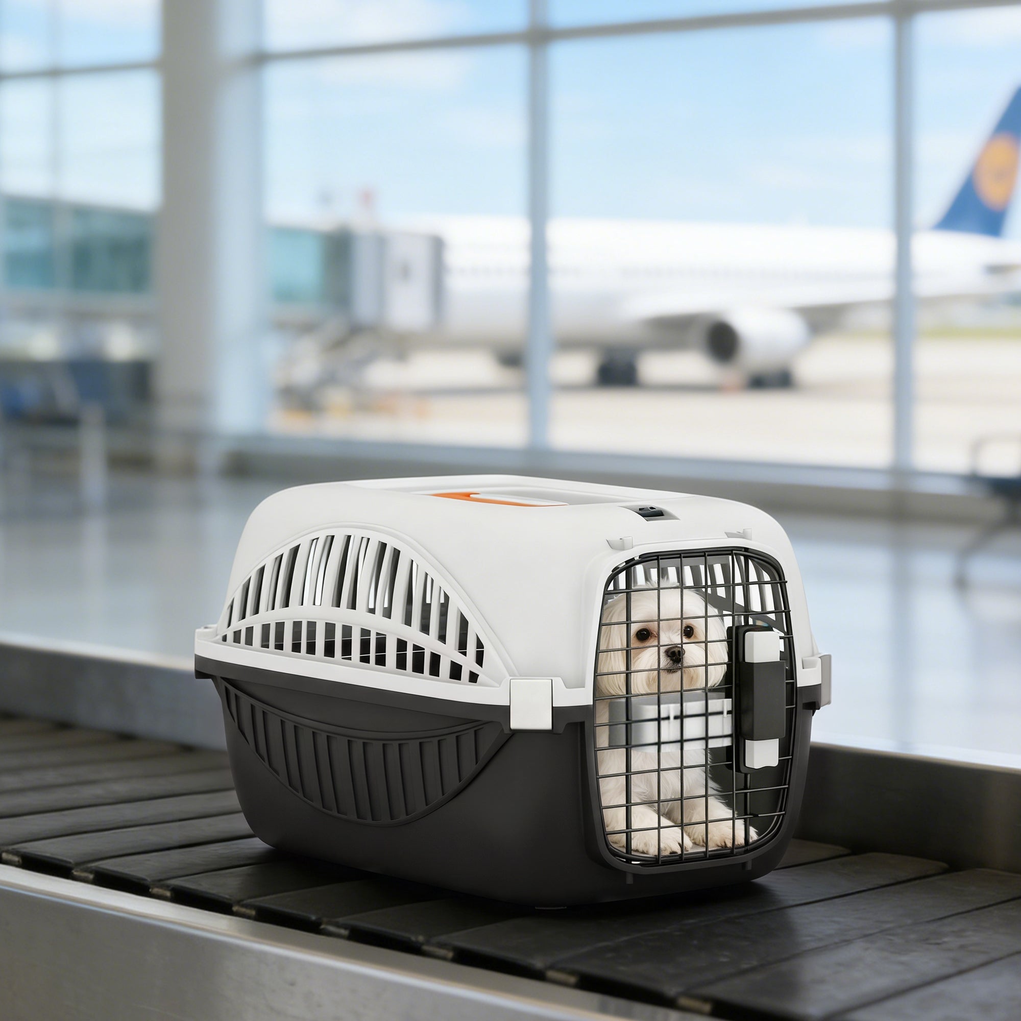 Plastic Dog and Cat Kennel Hard Sided, Airline Approved Pet Carrier for Mini Dogs and Cats, Portable Crate w/ Steel Wire Door, Water Bowl, for Car, Airplane, Outdoor, Black