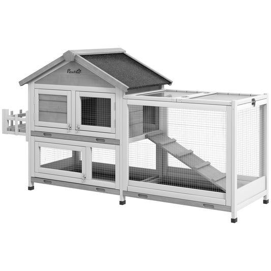65" Wooden Rabbit Hutch, Pet Playpen with Openable Roof, Bunny House Enclosure with Storage Box, Slide-out Tray, Ramp, for Rabbits and Small Animals, Grey