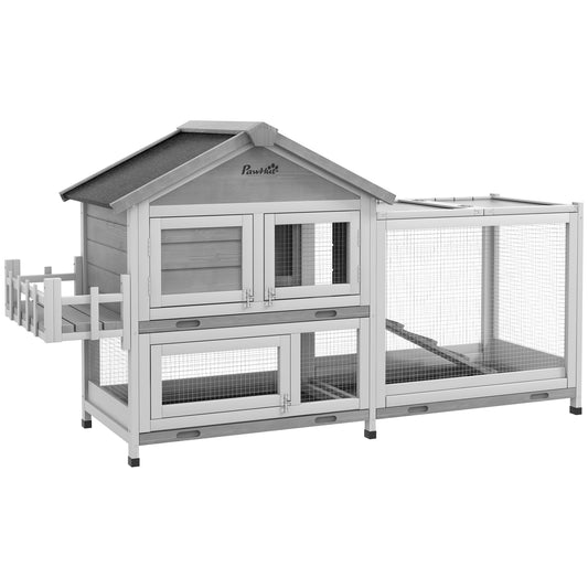 65" Wooden Rabbit Hutch, Pet Playpen with Openable Roof, Bunny House Enclosure with Storage Box, Slide-out Tray, Ramp, for Rabbits and Small Animals, Grey