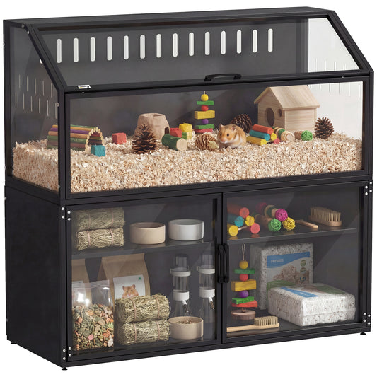Hamster Cage with Storage Cabinet, Small Animal Cage with Easy View Acrylic Panels and Openable Top, Large Guinea Pig Habitat for Rat, Hedgehog, Gerbil, 41" x 16" x 40" H, Black