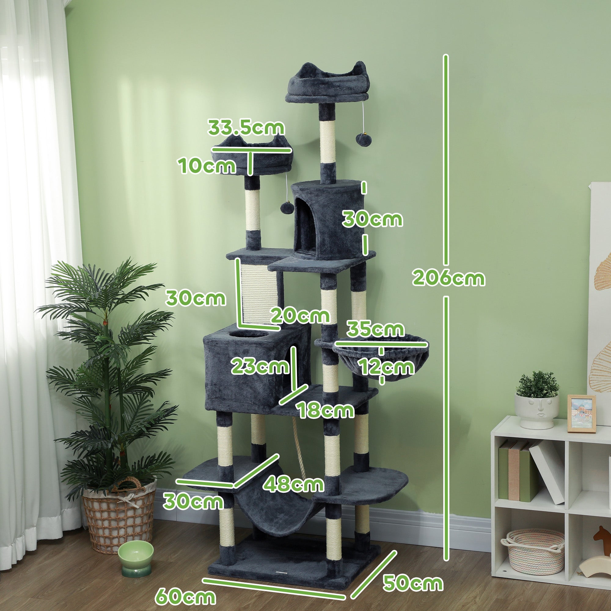 Cat Tree, 206cm Cat Tower with Sisal Scratching Posts and Board, Beds, Condos, Platforms, Hammocks, Toy Balls & Rope, Anti-Tip Kit, Kitten Activity Centre for Indoor, Dark Grey