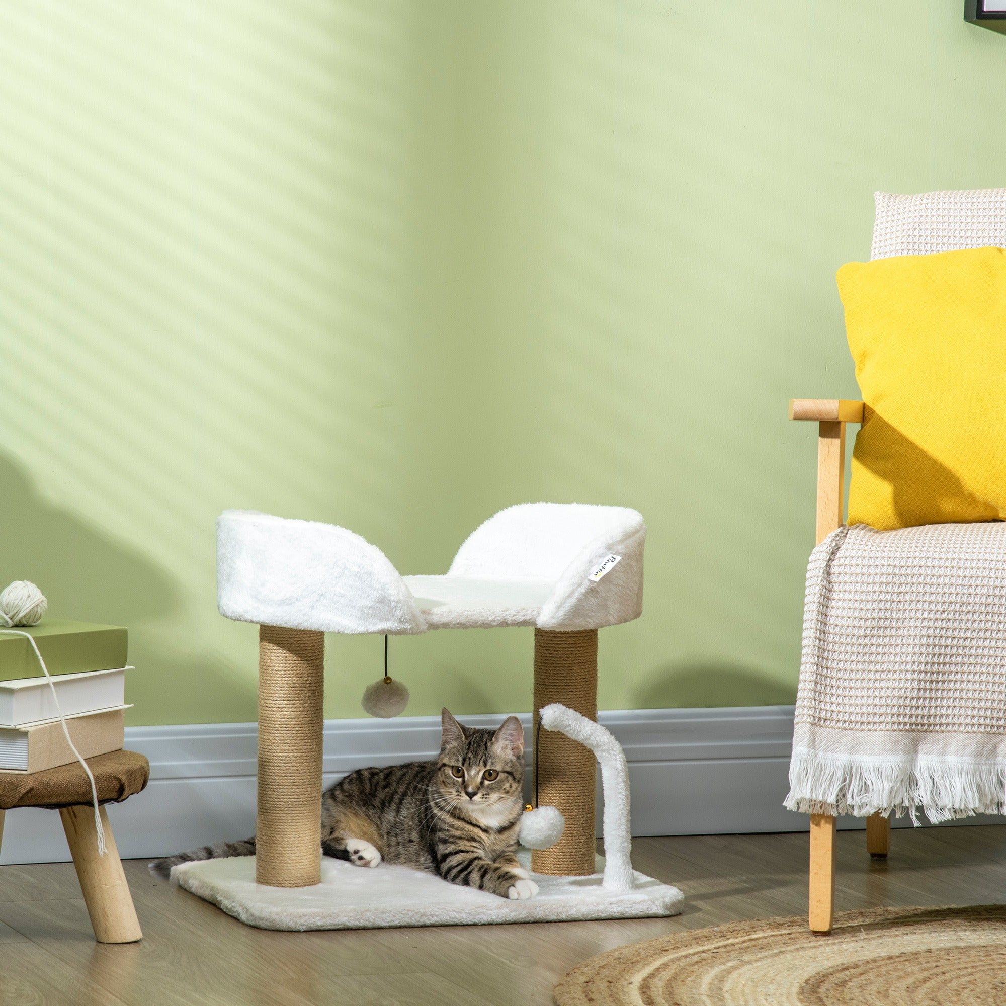 Cat Scratching Post Cat Tree Tower With Bed for Indoor Cats Scratcher Toy Balls 48 x 38 x 42cm - White