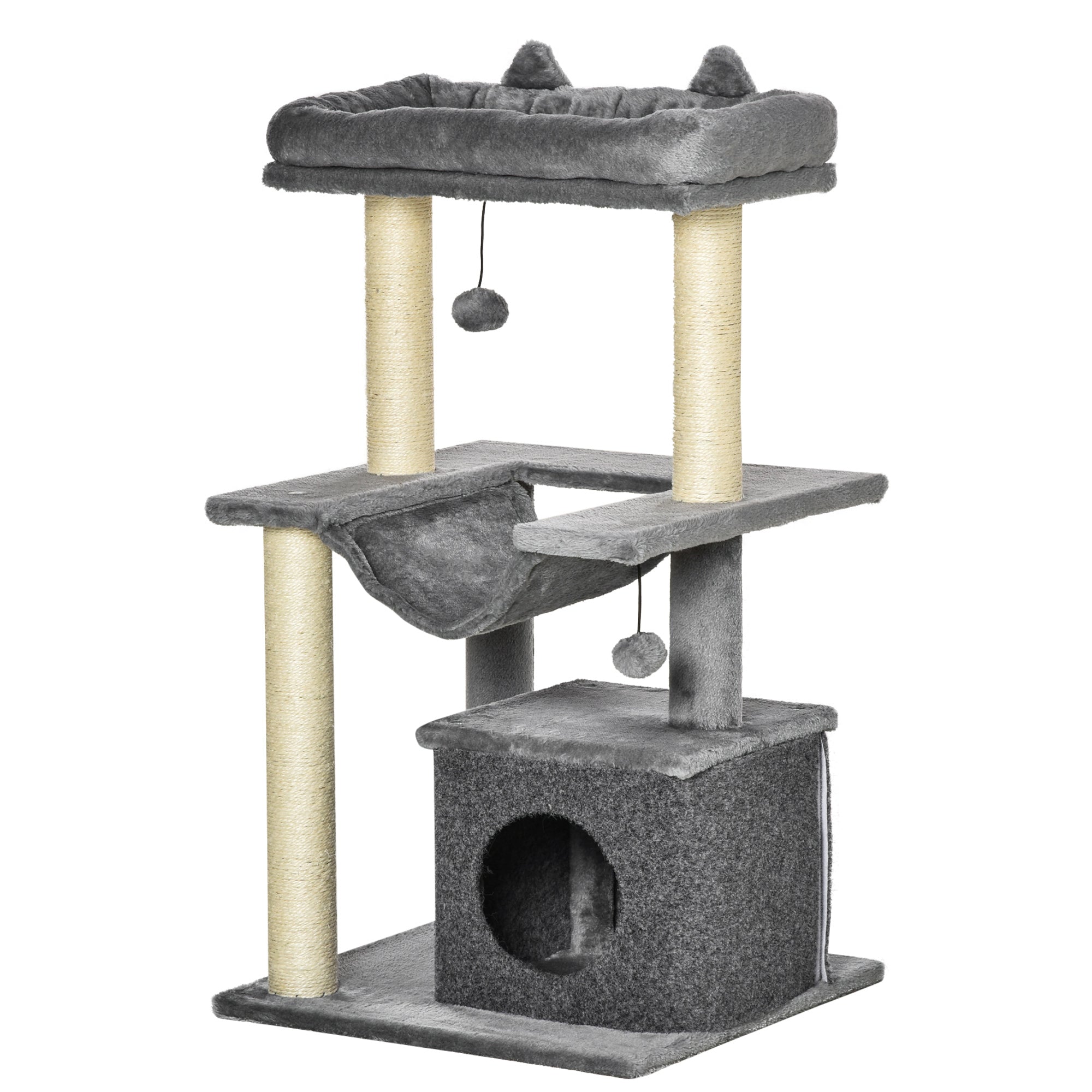 Cat Tree, 90cm Cat Tower with Sisal Scratching Posts, Cat Condo, Hammock, Top Perch and 2 Hanging Toys for Indoor Cats, Grey