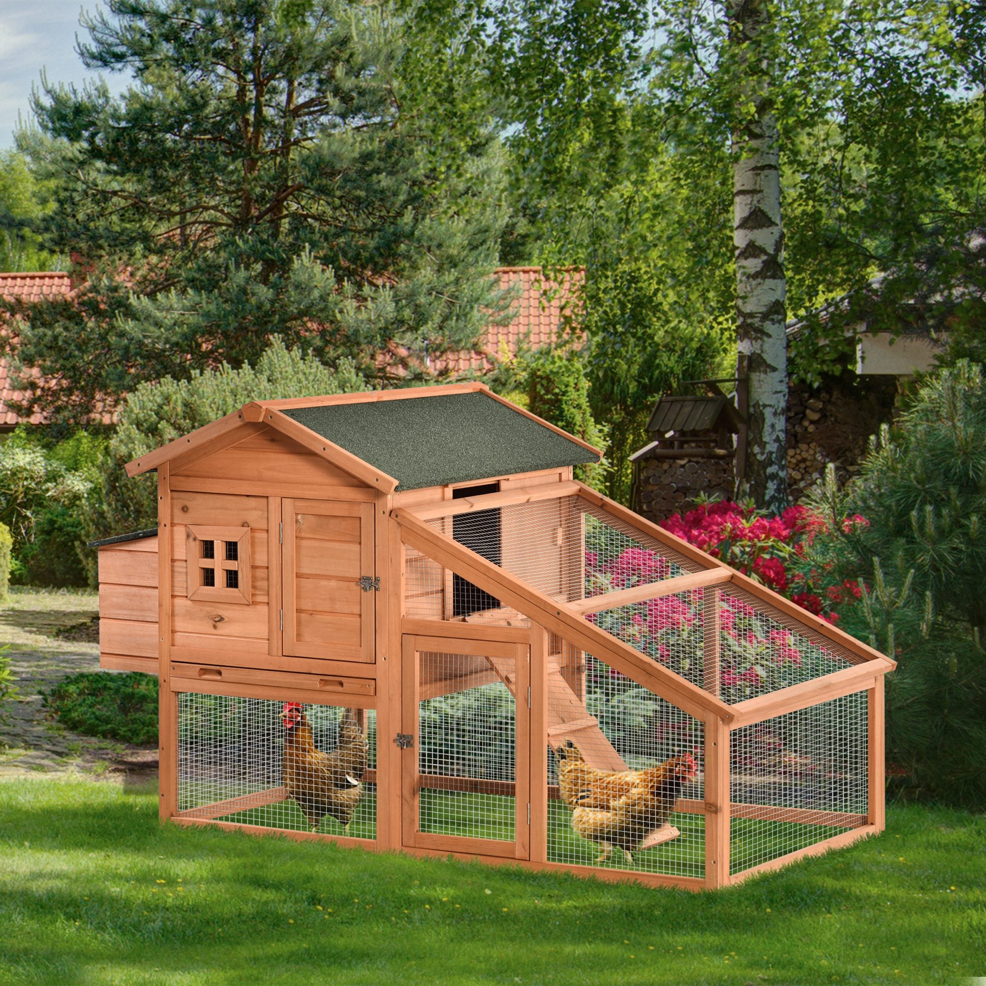 69" Chicken Coop Wooden Hen House Rabbit Hutch Poultry Cage Pen Outdoor Backyard with Outdoor Run Nesting Box Removable Tray Waterproof Asphalt Roof Lockable Door Yellow