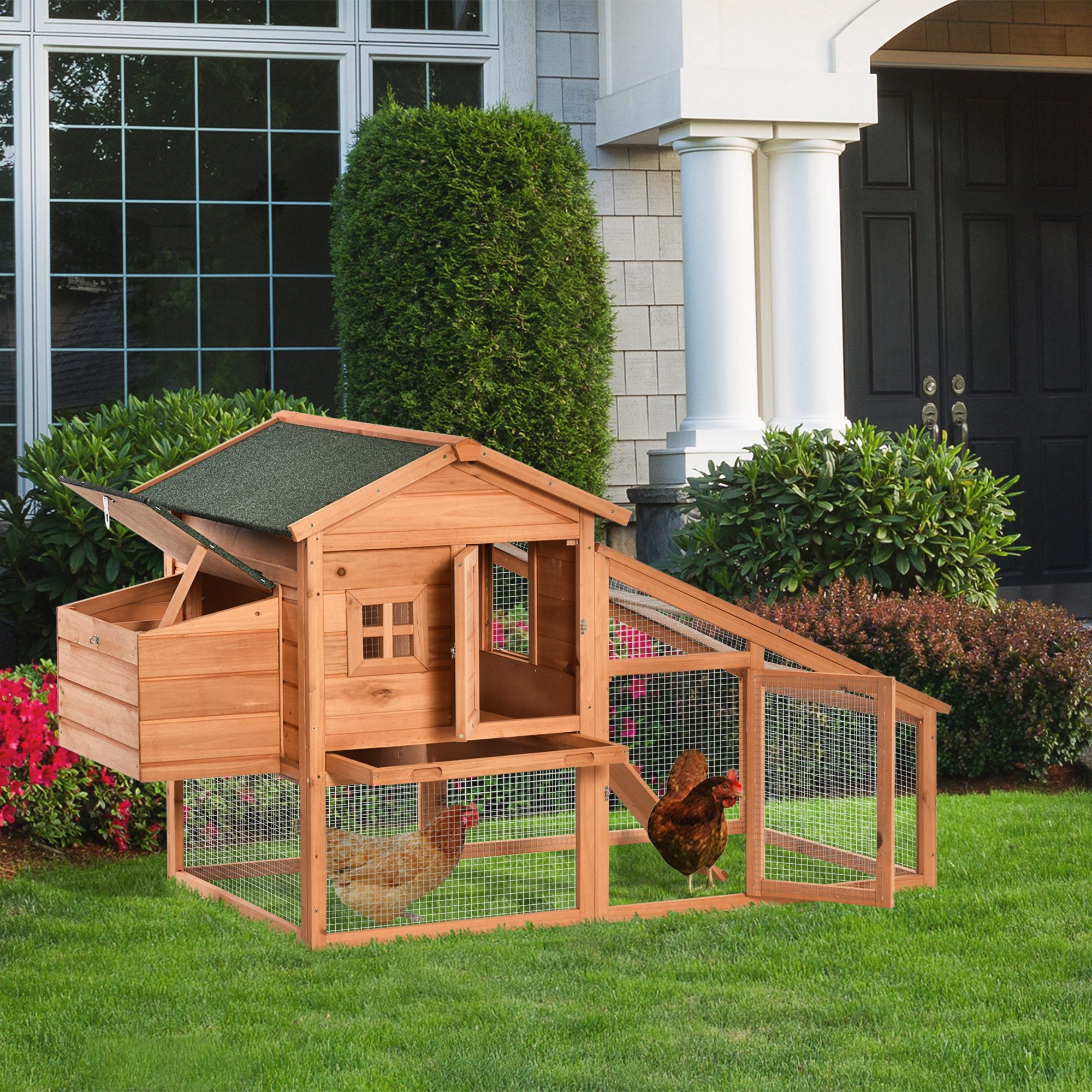 69" Chicken Coop Wooden Hen House Rabbit Hutch Poultry Cage Pen Outdoor Backyard with Outdoor Run Nesting Box Removable Tray Waterproof Asphalt Roof Lockable Door Yellow