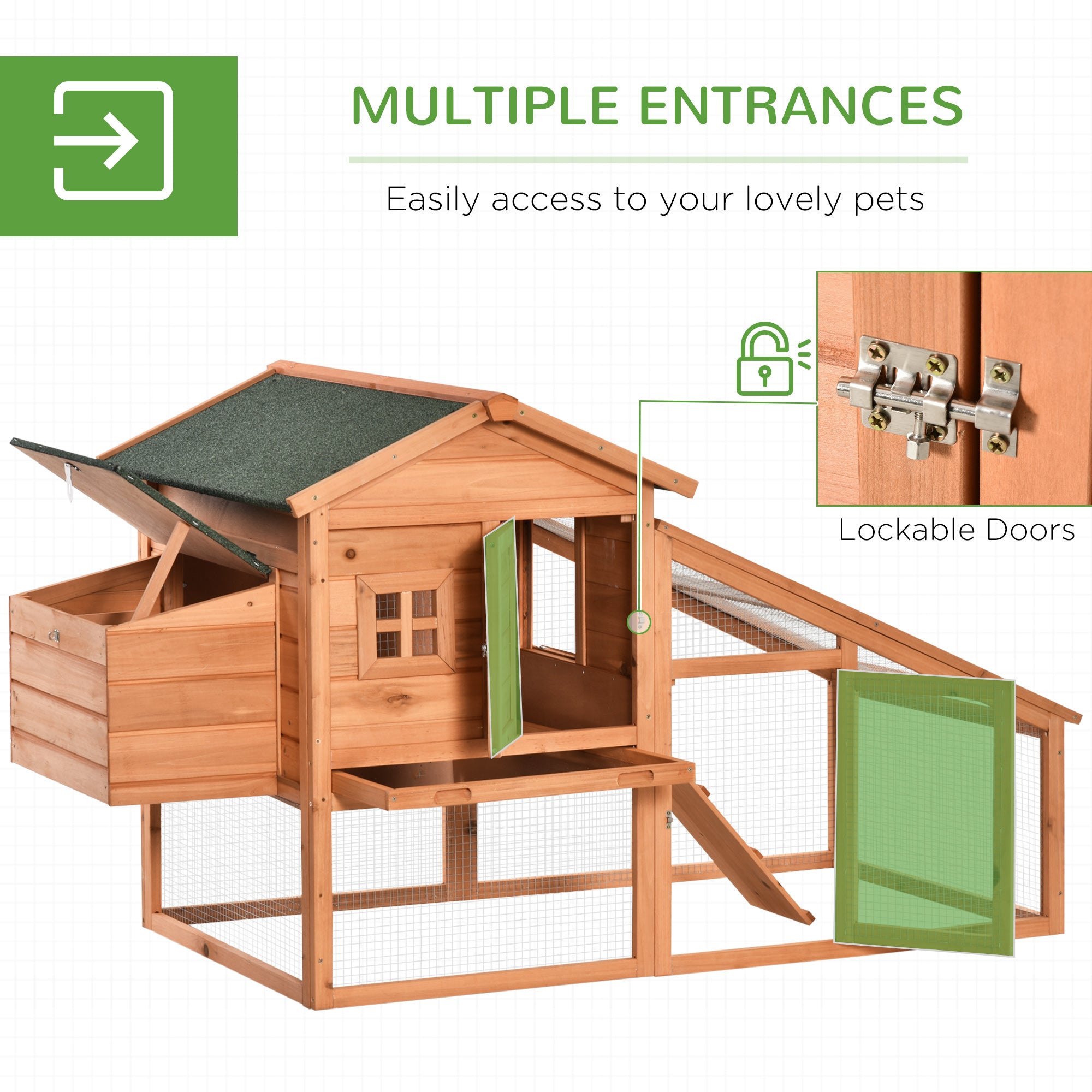 69" Chicken Coop Wooden Hen House Rabbit Hutch Poultry Cage Pen Outdoor Backyard with Outdoor Run Nesting Box Removable Tray Waterproof Asphalt Roof Lockable Door Yellow