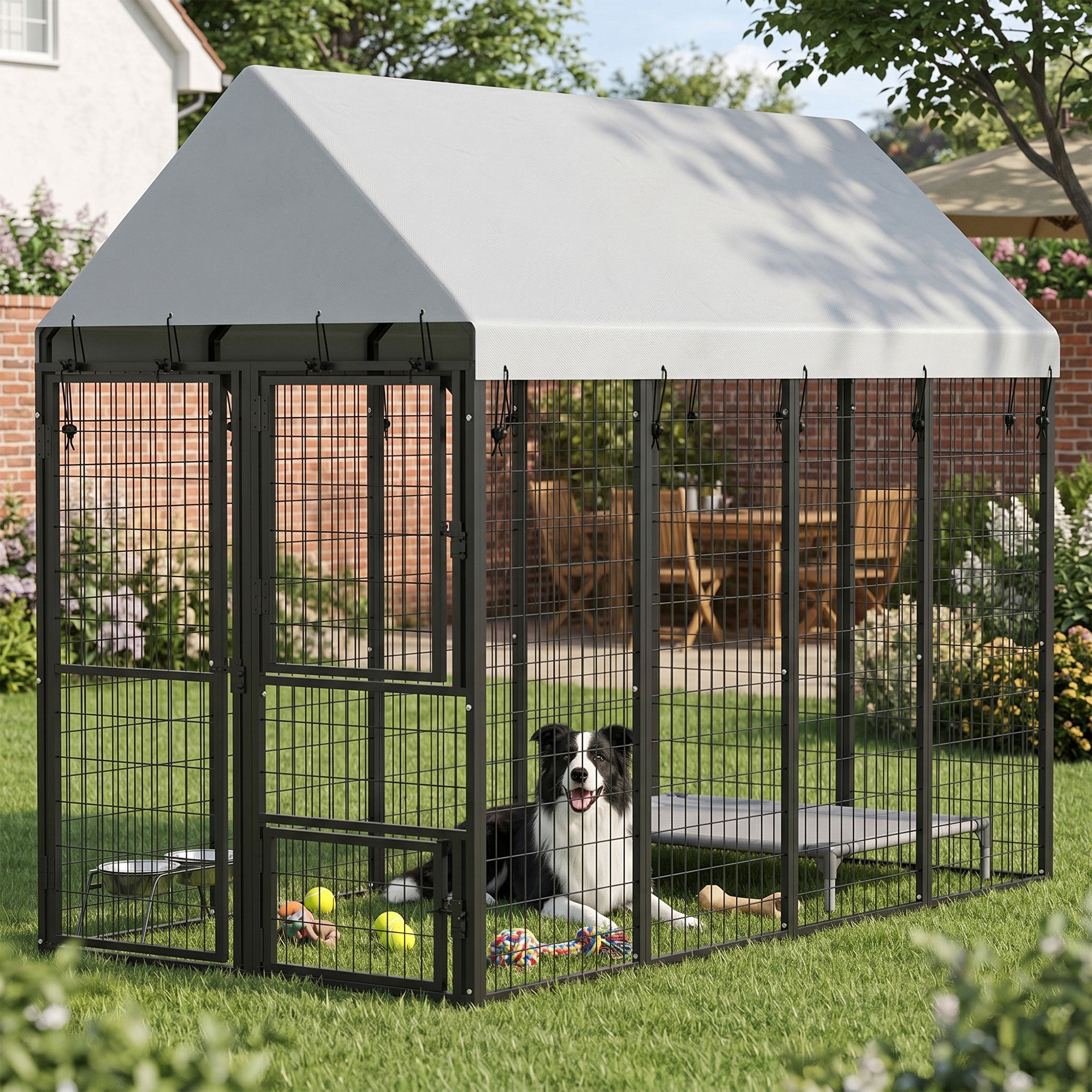 Large Dog Kennel Outdoor with Roof, 3 Doors, Expandable Heavy Duty Dog Kennel Outside Run Enclosure with Secure Lock, Removable Door, for Small Medium Large Pets, Chickens, Ducks, 8' x 4' x 6'