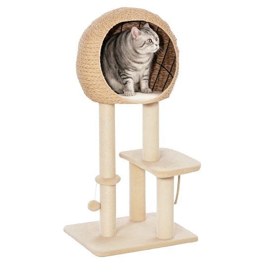 Modern Cat Tree, Multi-Level Cat Tower with Sisal Scratching Post Condo and Hanging Rope 39" H, Beige