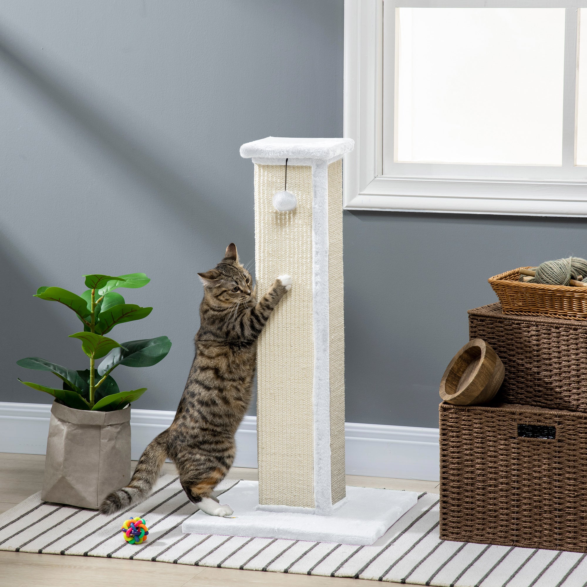 Cat Scratching Post for Indoor Cats, 81cm Cat Scratcher, Vertical Full Scratcher with Natural Sisal Rope, Hanging Ball and Soft Plush, White