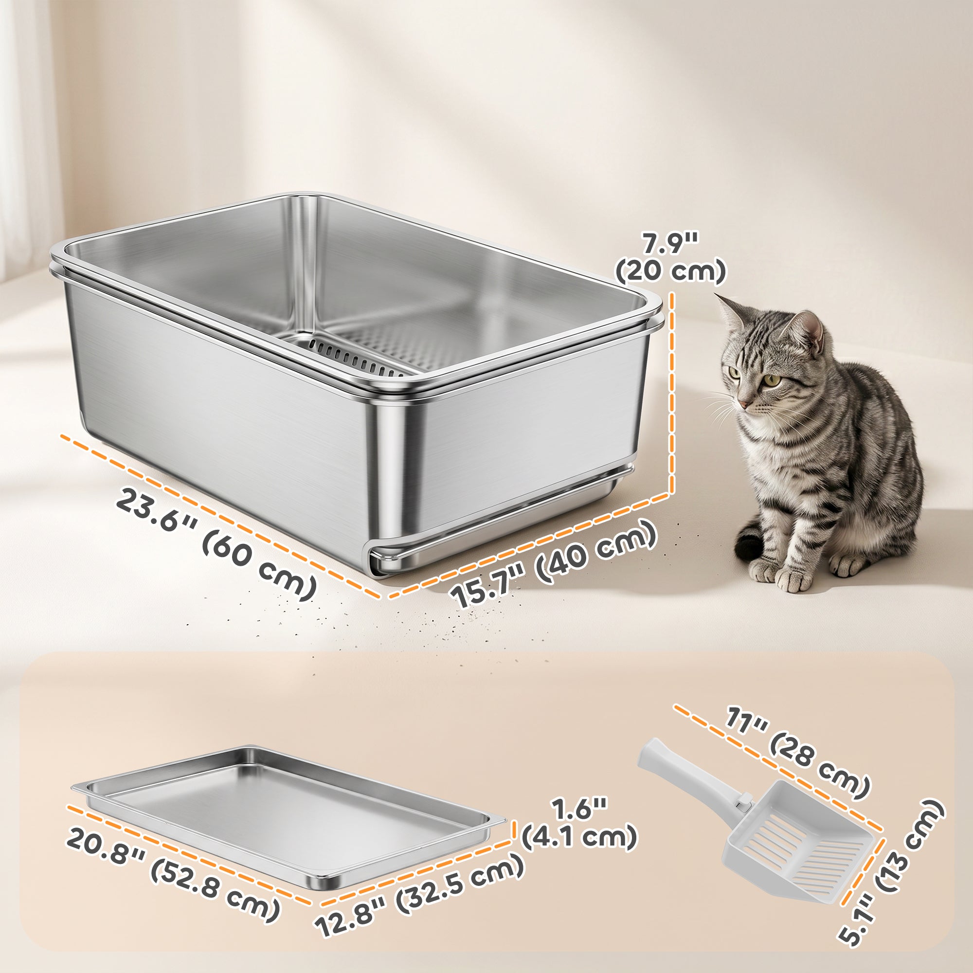 XL Stainless Steel Cat Litter Box, Sifting Cat Litter Box with Sifting Pan, High Sides for Medium and Large Cats, Non-Sticky, Odour Control, Easy Cleaning, Silver