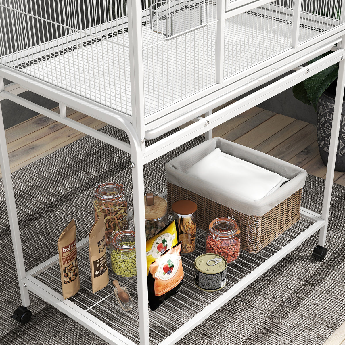 Large Bird Cage Budgie Cage with Stand, Storage Shelf, Wood Perch for Parrot Canary Parakeet Cockatiels, 81 x 48 x 162.5 cm, White