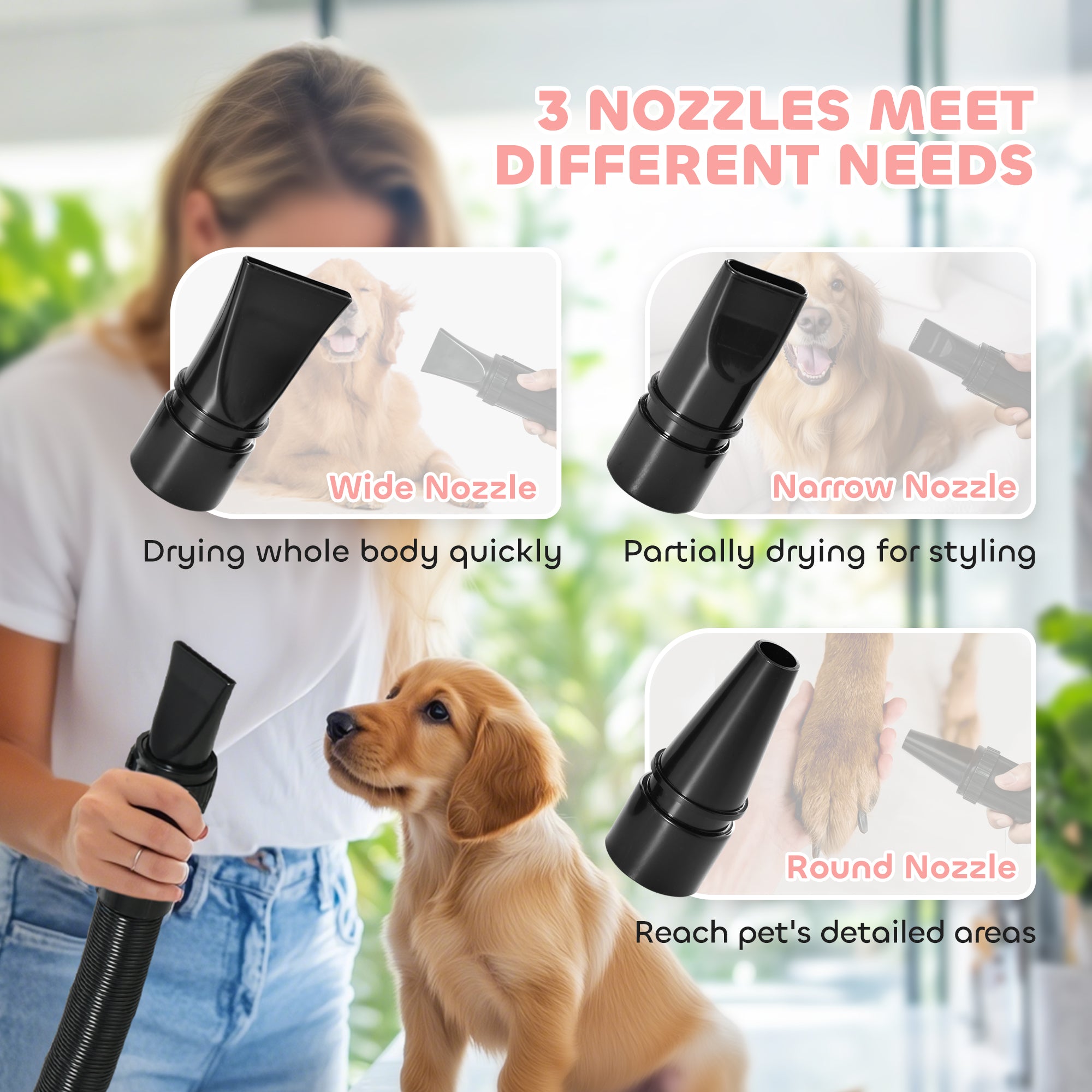 Dog Hair Dryer, 2200W Pet Grooming Hair Dryer with Adjustable Temperature & Velocity, Professional Low Noise Dog Blaster with 3 Different Nozzles, Pink