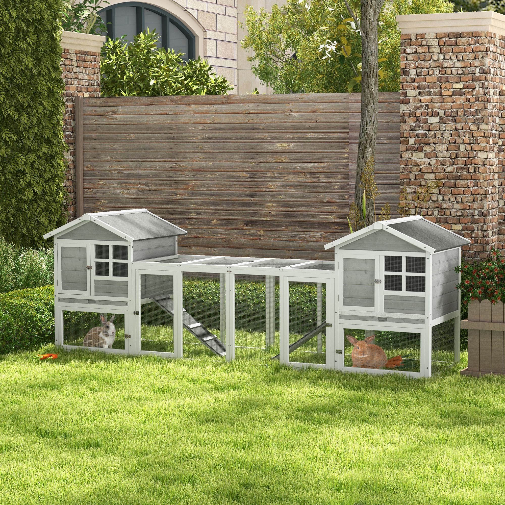 102" 2 in 1 Wooden Rabbit Hutch Chicken Coop with Double Main House, Large Bunny House Pet Playpen Enclosure for Indoor Outdoor with Run Box, Slide-Out Tray, Ramp, for Small Animals, Grey