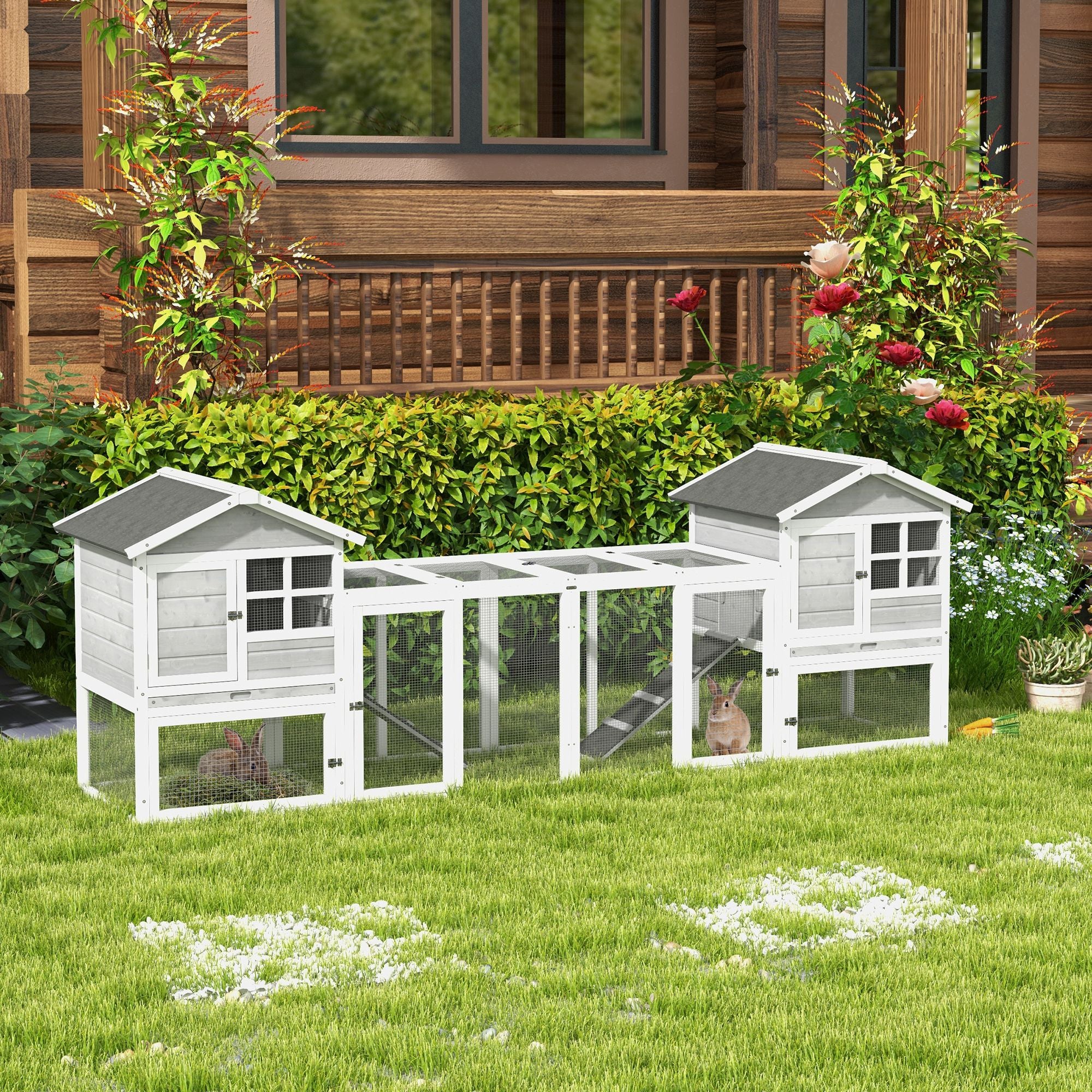 102" 2 in 1 Wooden Rabbit Hutch Chicken Coop with Double Main House, Large Bunny House Pet Playpen Enclosure for Indoor Outdoor with Run Box, Slide-Out Tray, Ramp, for Small Animals, Grey
