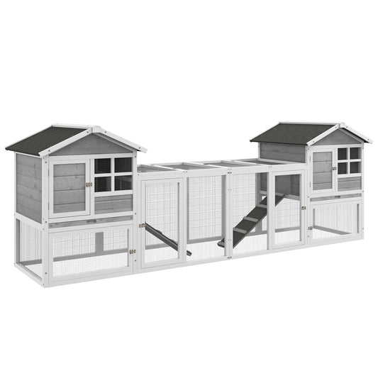 102" 2 in 1 Wooden Rabbit Hutch Chicken Coop with Double Main House, Large Bunny House Pet Playpen Enclosure for Indoor Outdoor with Run Box, Slide-Out Tray, Ramp, for Small Animals, Grey