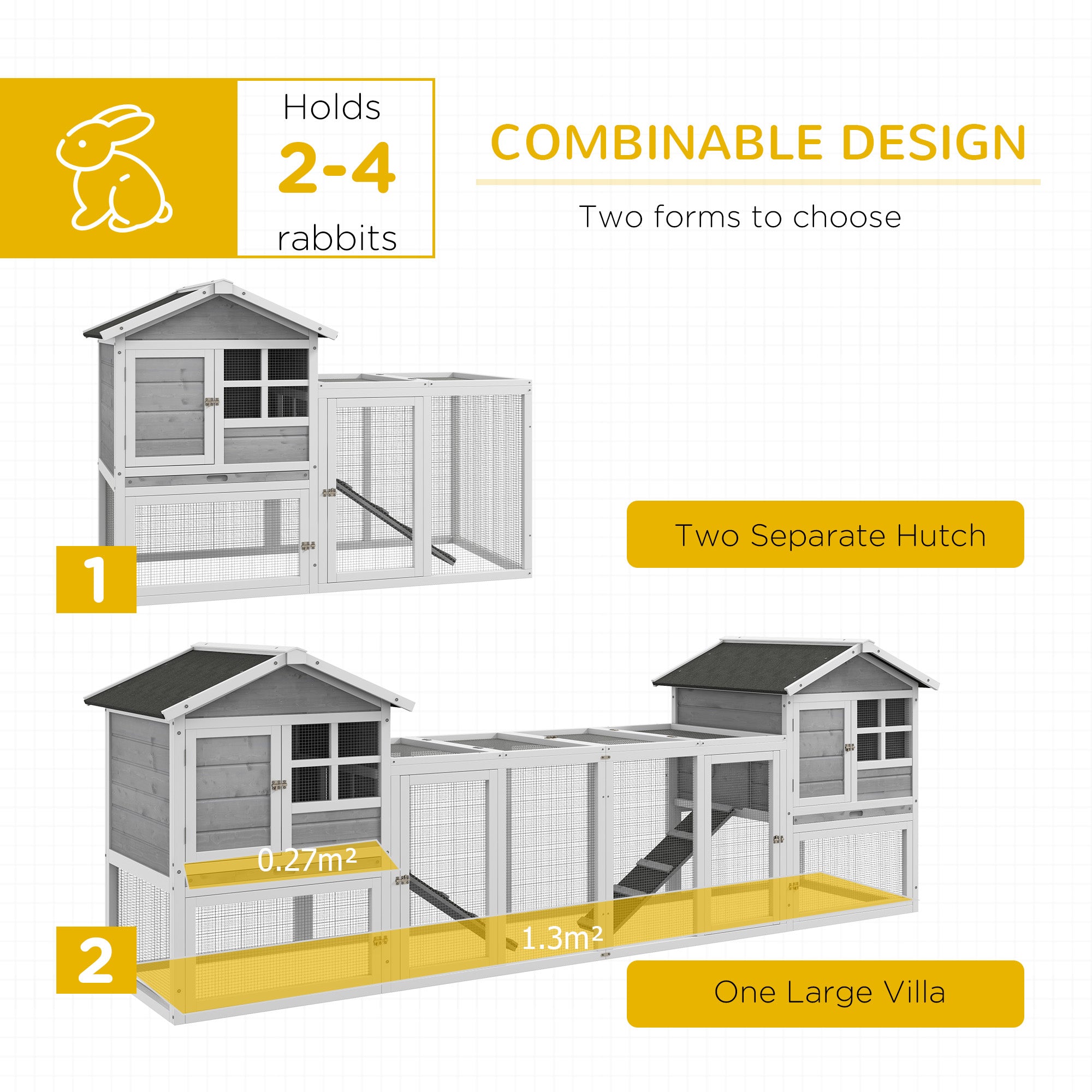 PawHut 102" 2 in 1 Wooden Rabbit Hutch, Double Main House Pet Playpen, Large Bunny House Enclosure for Indoor/Outdoor with 2 Run Boxes, No Leak Tray, and Ramp, for Guinea Pig and Small Animals, Gray