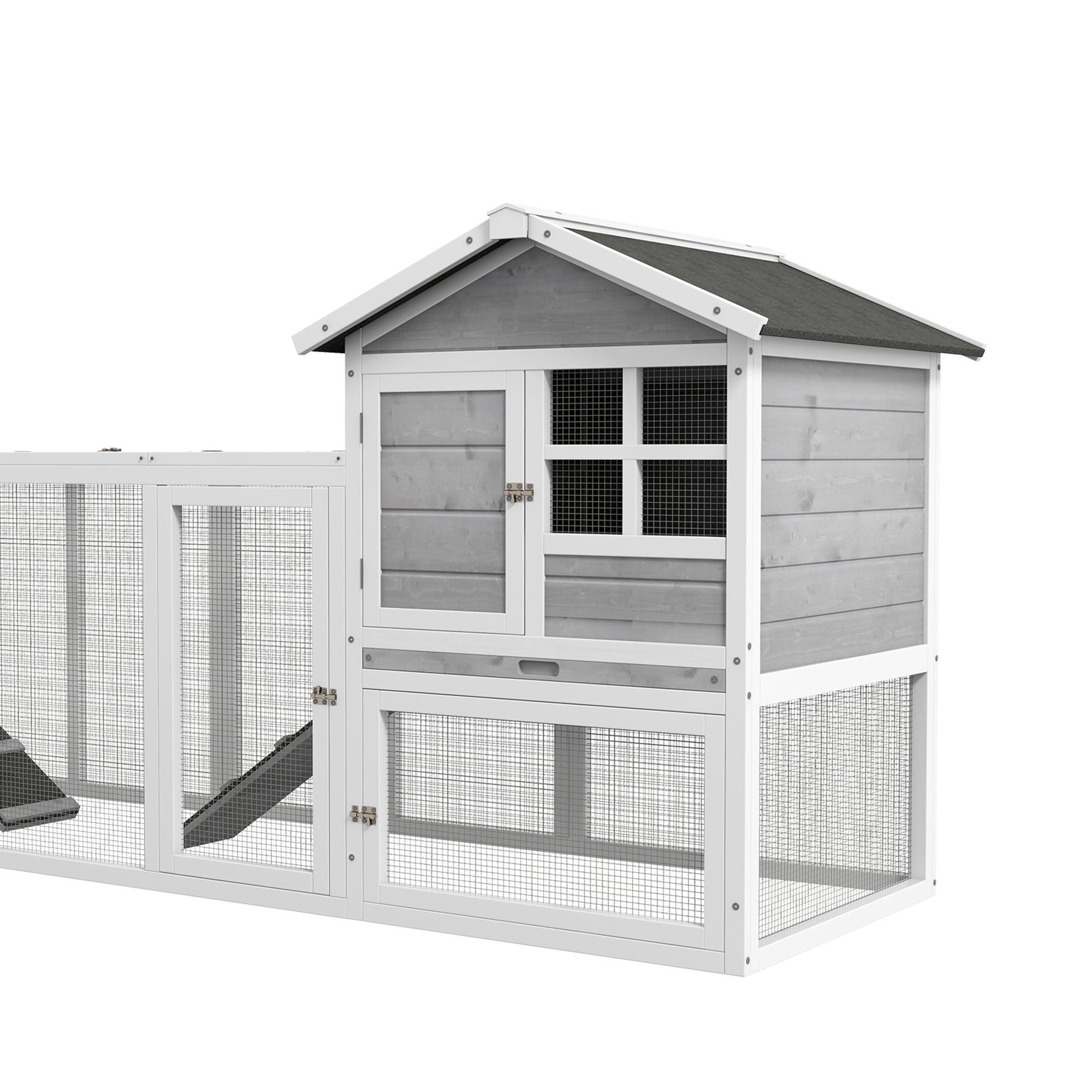 PawHut 102" 2 in 1 Wooden Rabbit Hutch, Double Main House Pet Playpen, Large Bunny House Enclosure for Indoor/Outdoor with 2 Run Boxes, No Leak Tray, and Ramp, for Guinea Pig and Small Animals, Gray